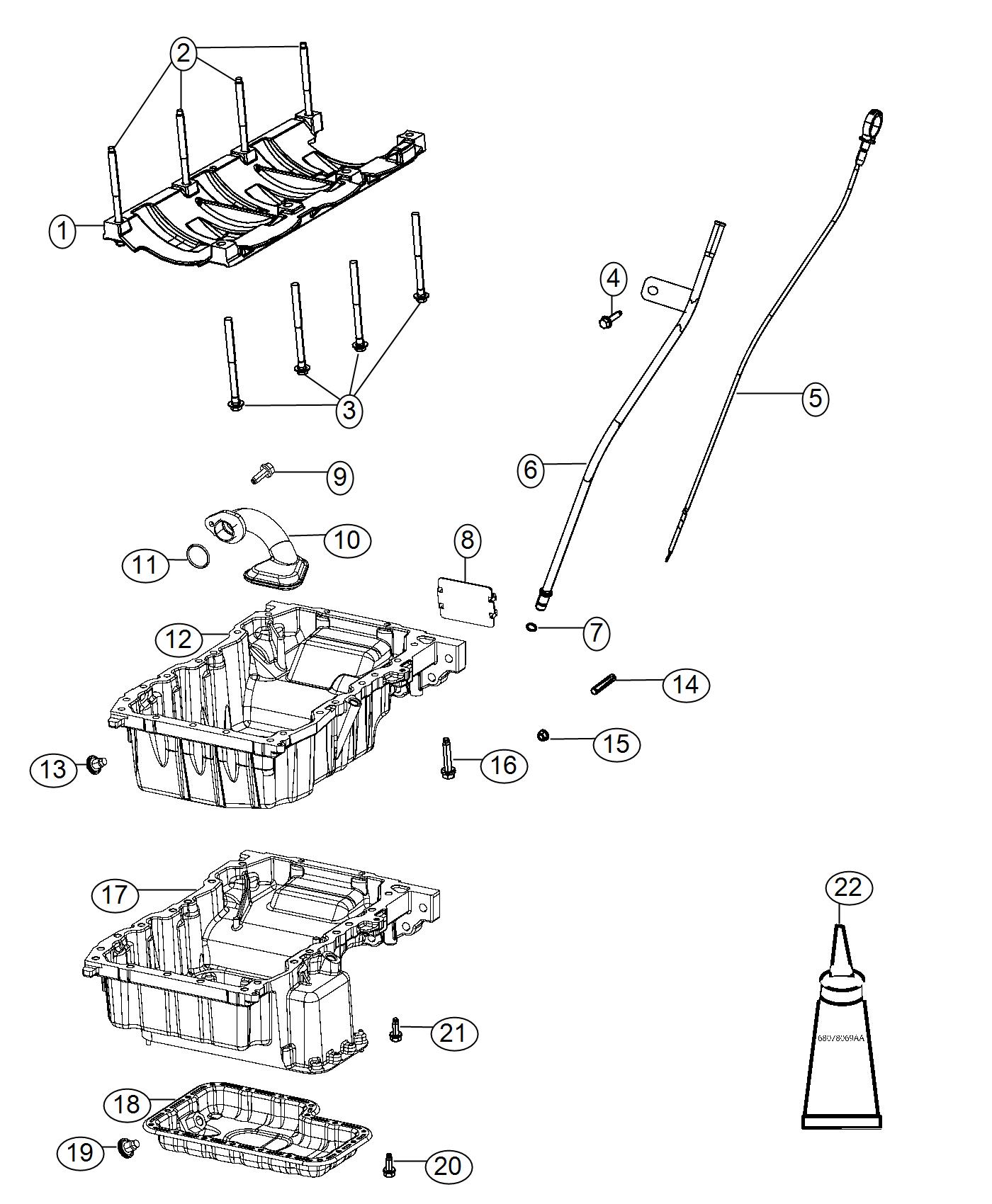 Diagram Engine Oil Pan, Engine Oil Level Indicator And Related Parts 3.2L. for your 1999 Chrysler 300  M 