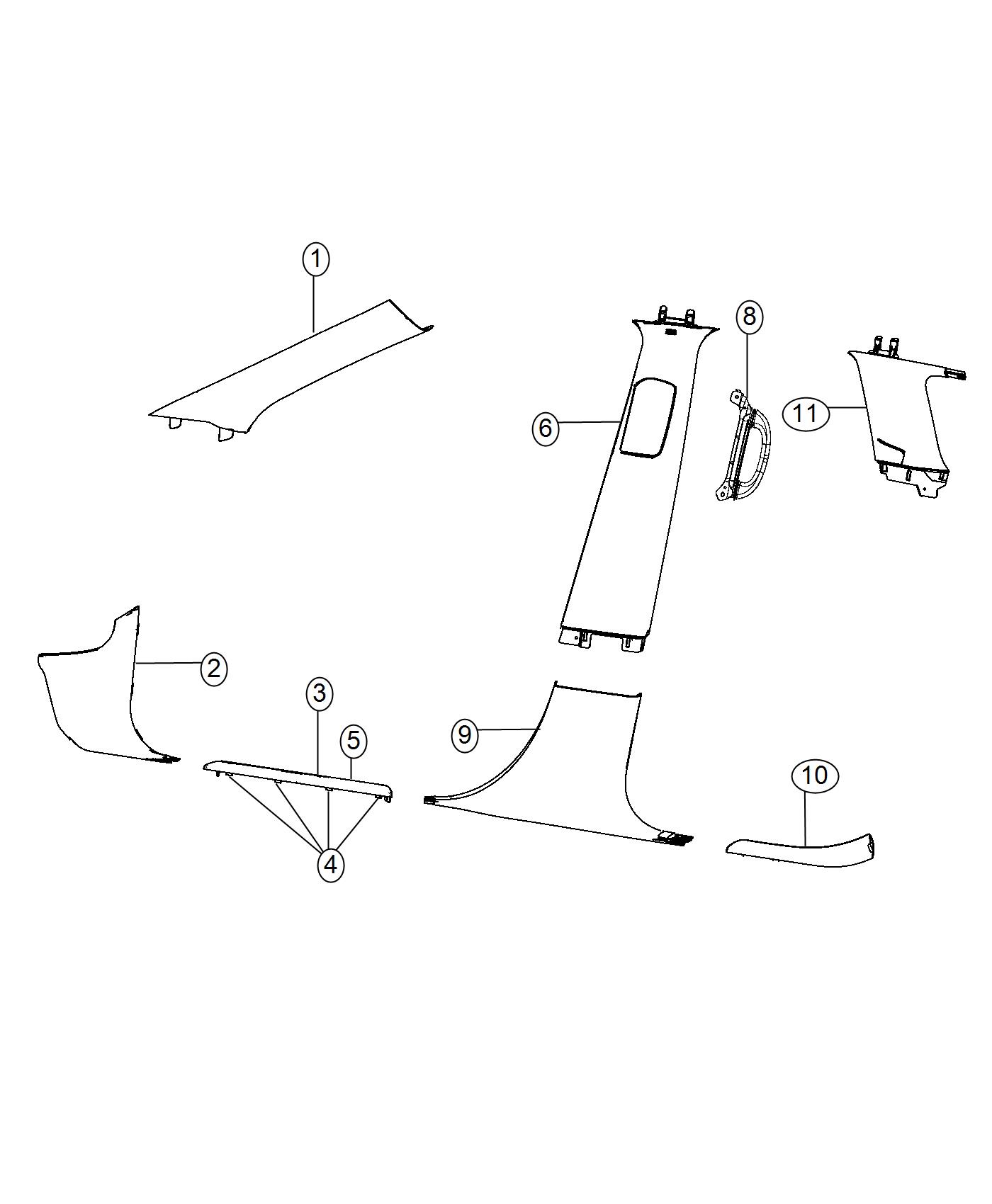 Diagram Interior Moldings, Pillars Panels, And Scuff Plates. for your 2016 Dodge Durango   