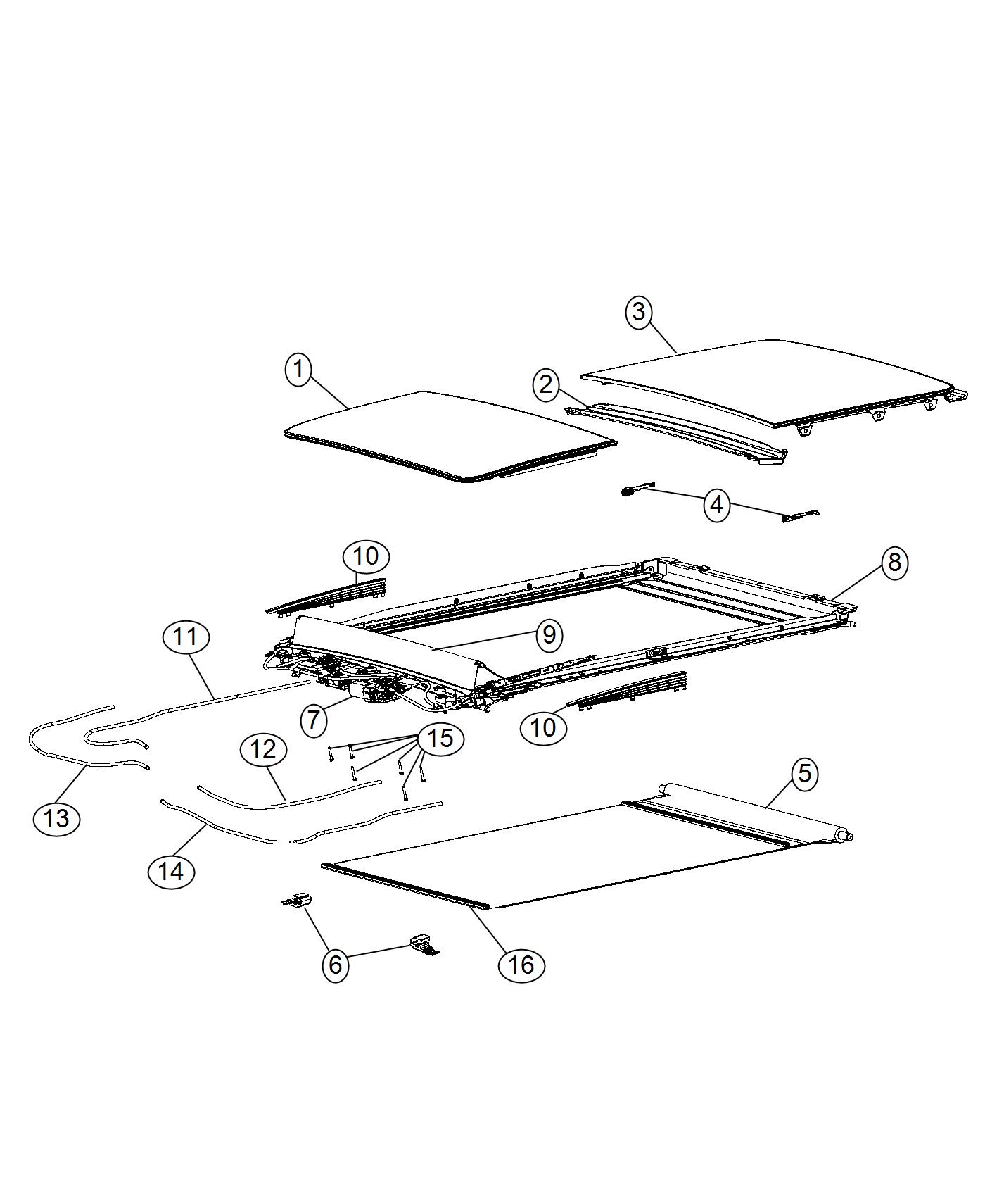 Diagram Sunroof Glass And Component Parts. for your 2005 Chrysler 300   