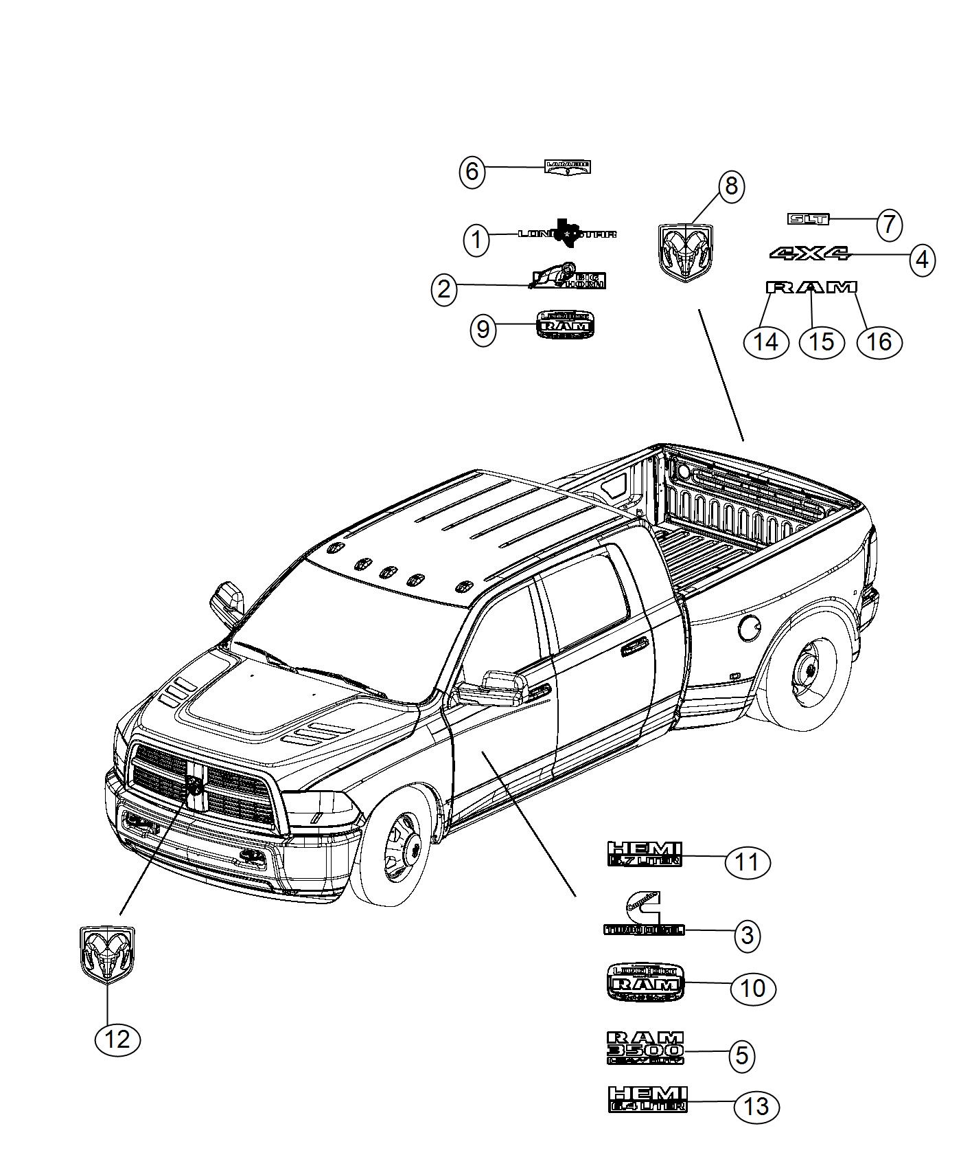 Diagram Nameplates, Emblems and Medallions. for your 2023 Ram 3500   