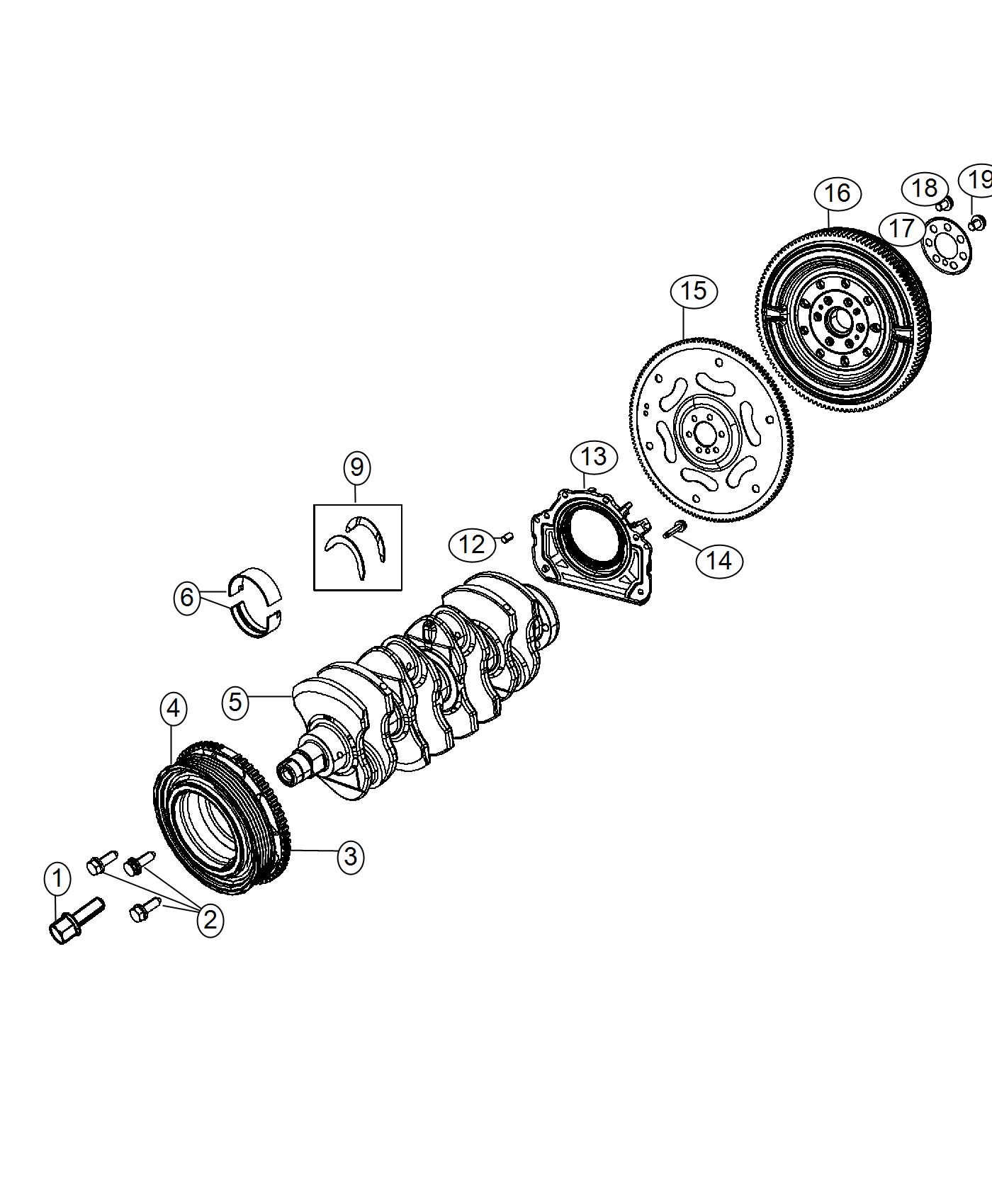 Crankshaft, Crankshaft Bearings, Damper And Flywheel 1.4L. Diagram