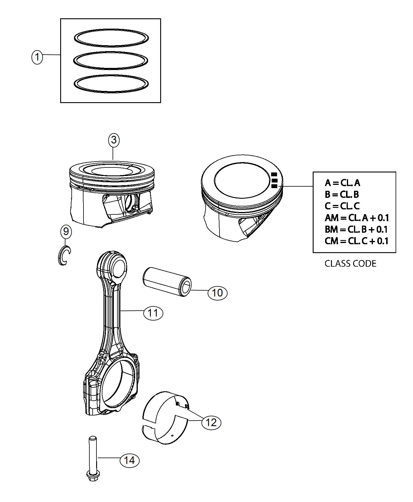 Diagram Pistons, Piston Rings, Connecting Rods And Connecting Rod Bearings 1.4L Turbocharged [1.4L I4 MultiAir Turbo Engine]. for your Fiat 500L  