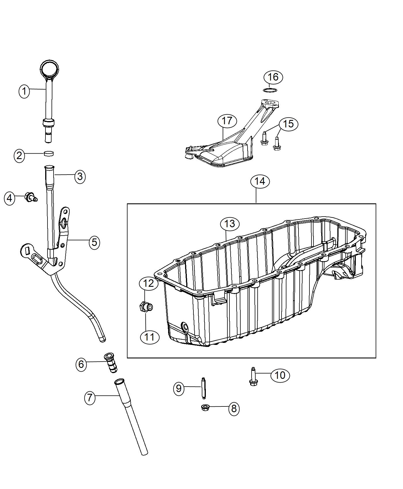 Engine Oil Pan, Engine Oil Level Indicator And Related Parts 1.4L Turbocharged [1.4L I4 MultiAir Turbo Engine]. Diagram