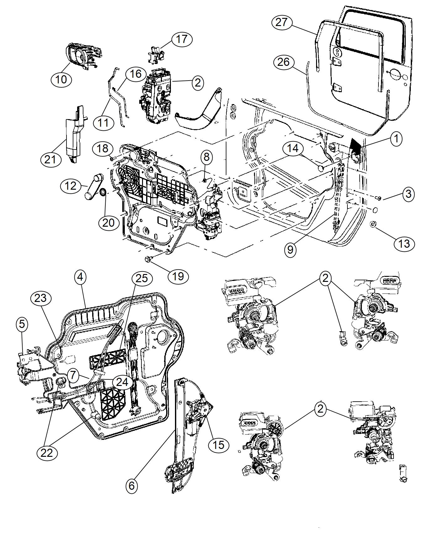 Diagram Front Door, Hardware Components, Full Door. for your 2017 Jeep Wrangler   