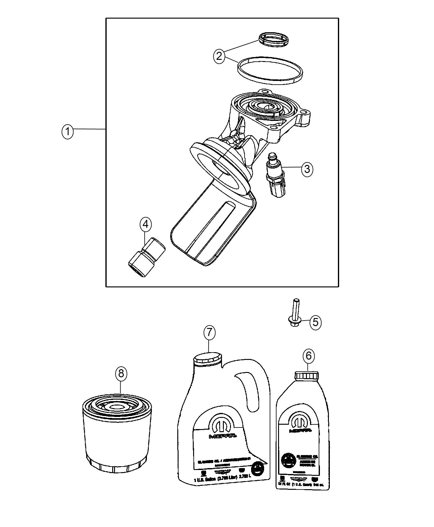 Diagram Engine Oil, Engine Oil Filter And Adapter 5.7L. for your Jeep Grand Cherokee  