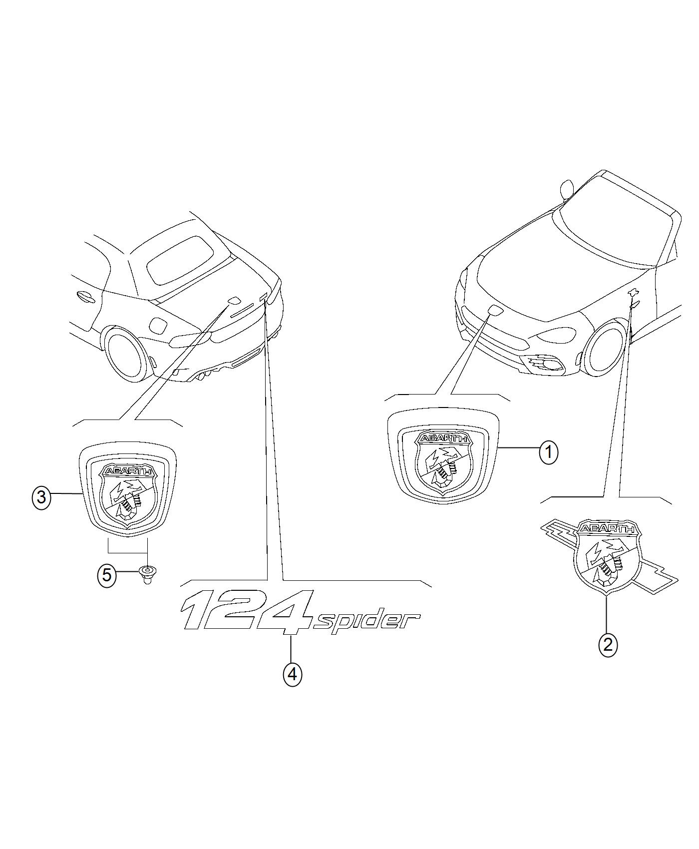 Diagram Nameplates, Emblems, and Decals. for your Fiat 124 Spider  