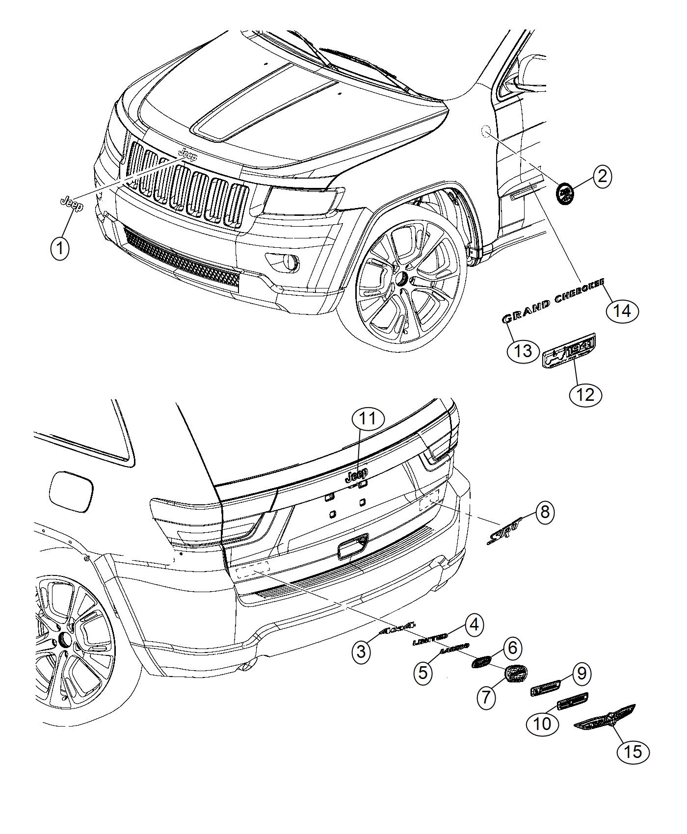 Diagram Nameplates, Emblems and Medallions. for your 2009 Jeep Grand Cherokee   