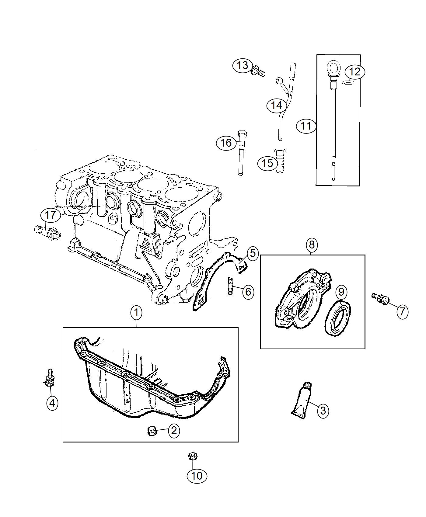 Diagram Engine Oil Pan, Oil Level Indicator And Related Parts. for your 2007 Dodge Caliber   