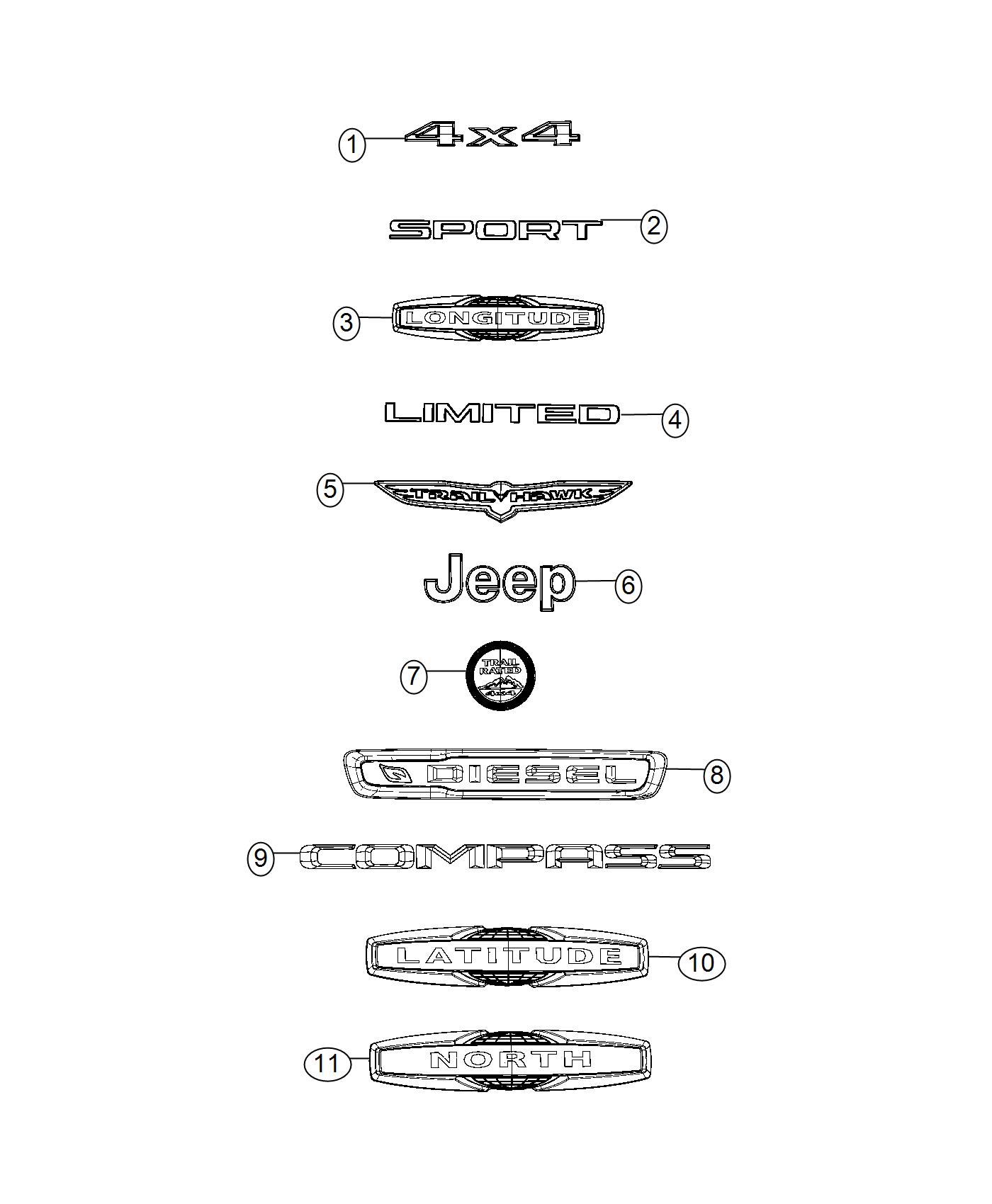 Diagram Nameplates, Emblems and Medallions. for your 2016 Jeep Compass   