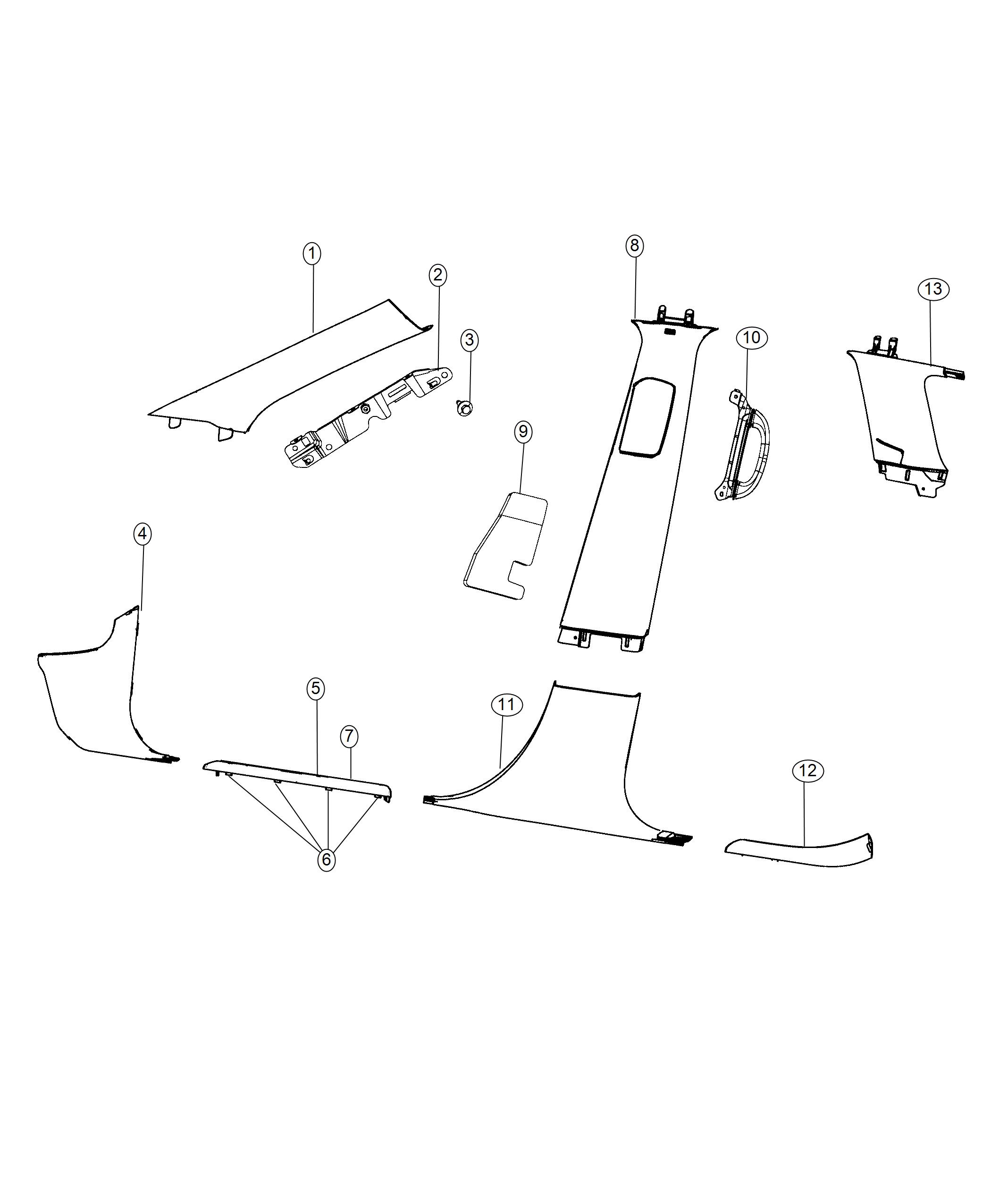 Diagram Interior Moldings, Pillars Panels, And Scuff Plates. for your 2016 Dodge Durango   