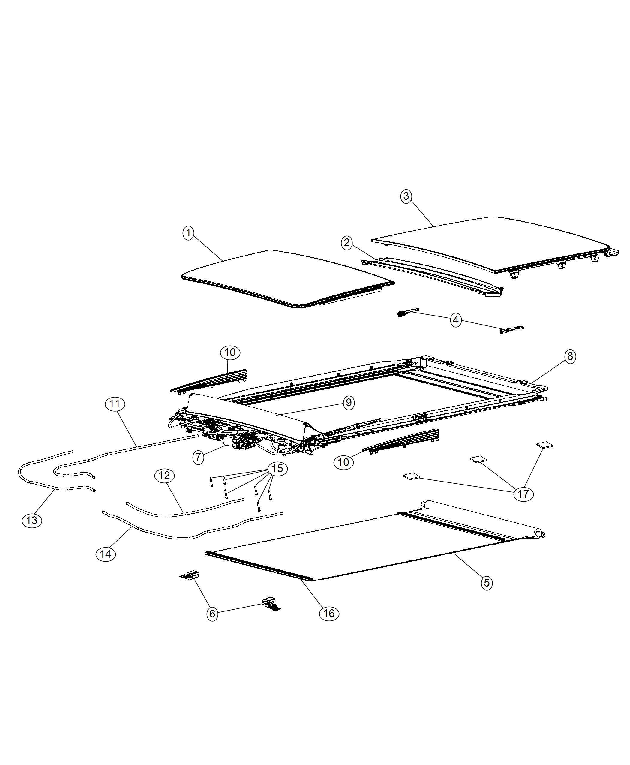 Diagram Sunroof Glass And Component Parts. for your 2018 Jeep Grand Cherokee LAREDO  