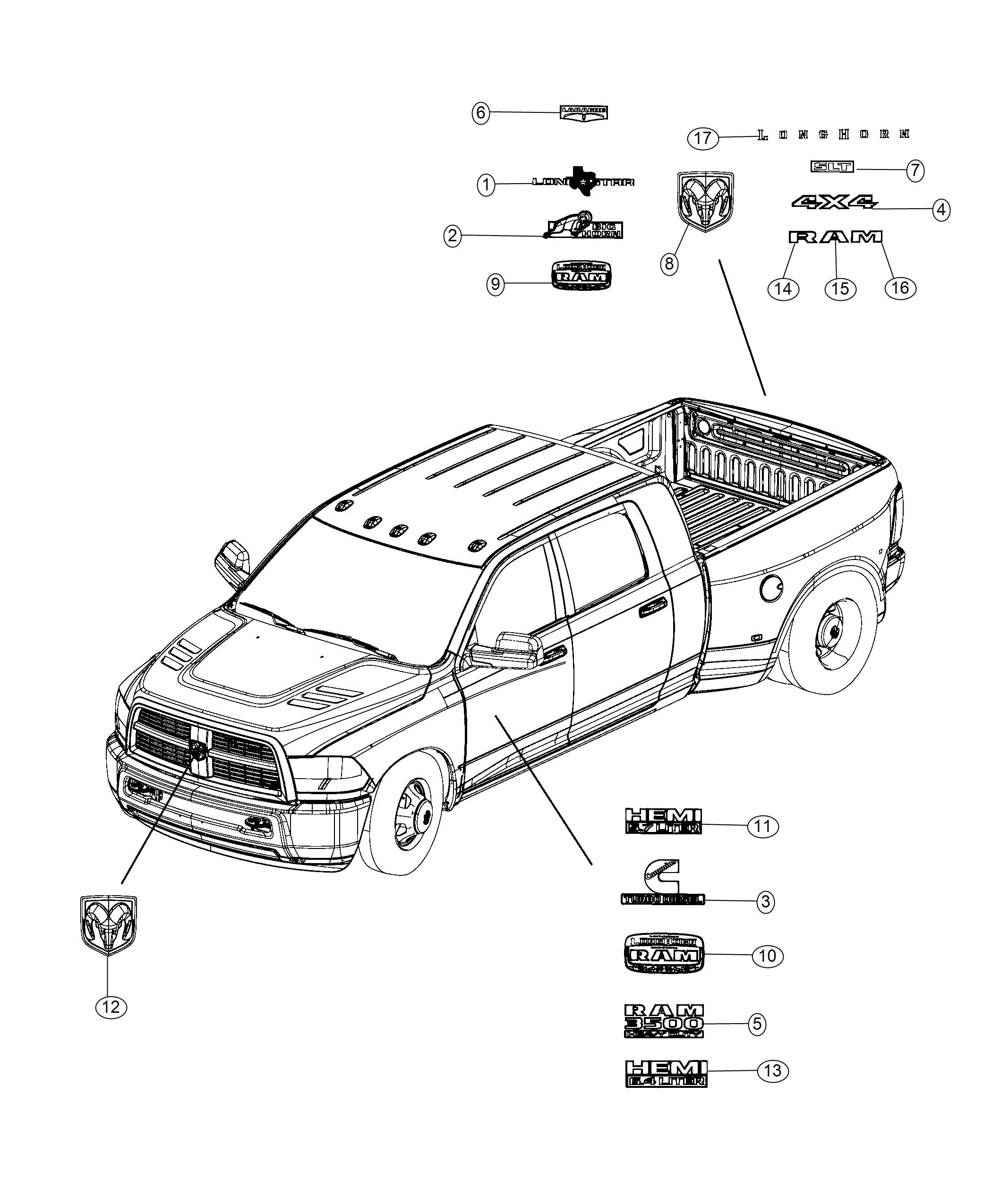 Diagram Nameplates, Emblems, Medallions and Decals. for your 2018 Ram 3500   