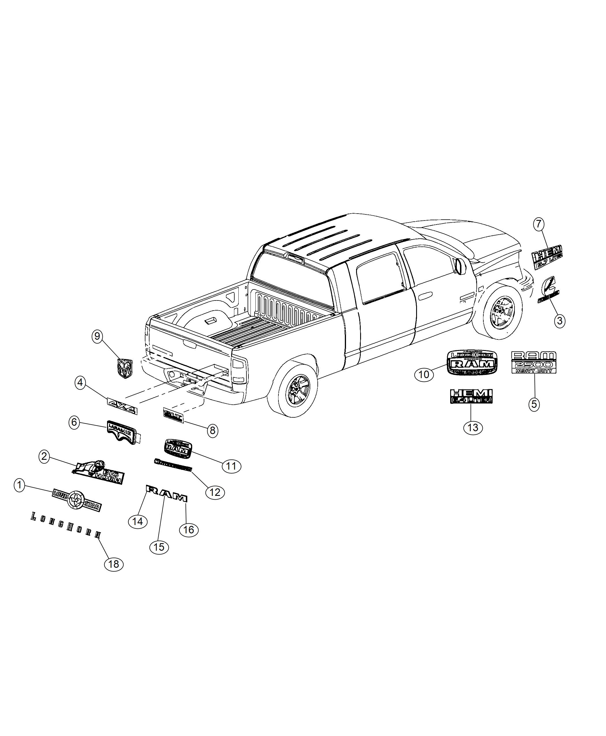 Diagram Nameplates, Emblems and Medallions. for your 2019 Ram 3500   