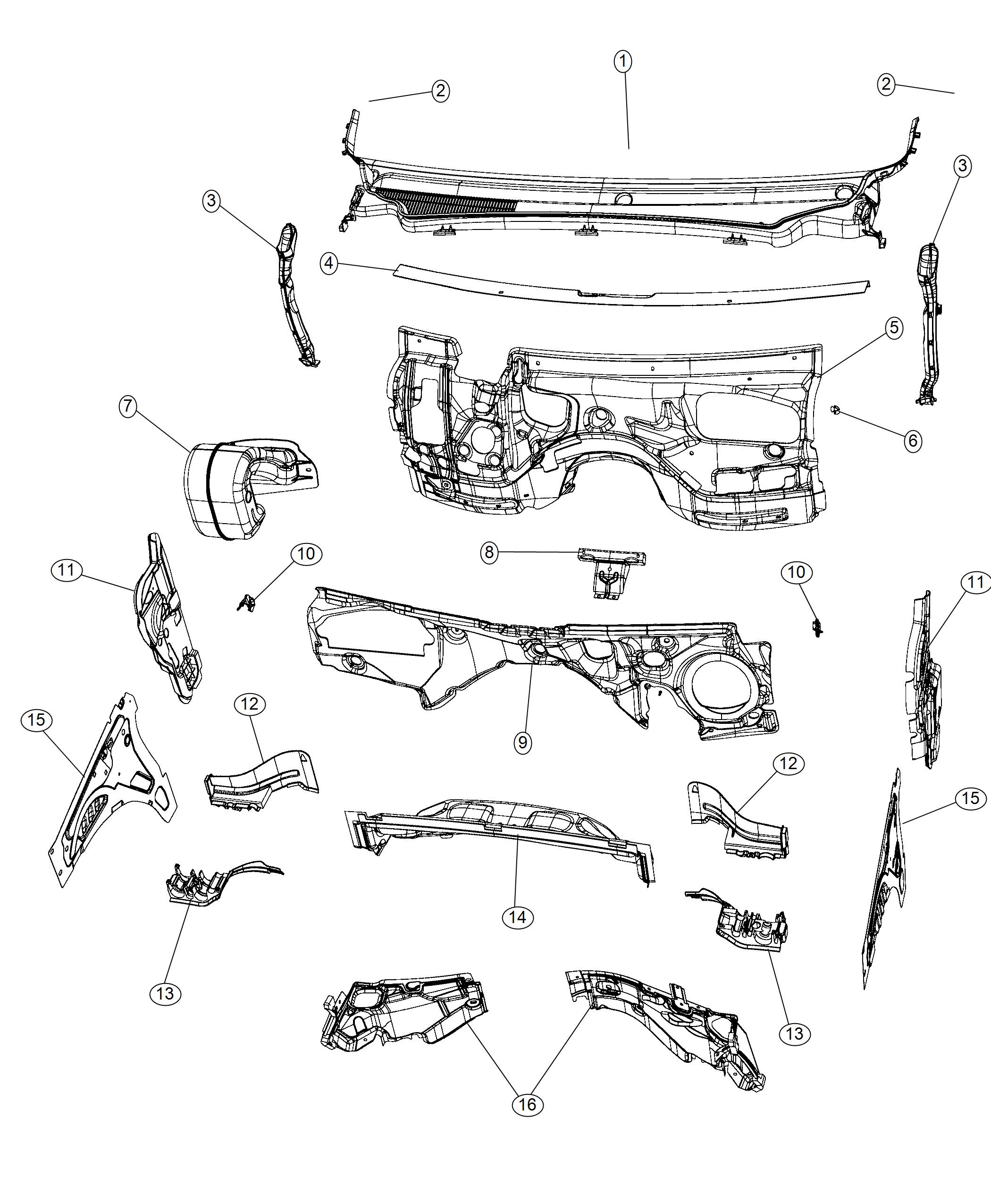 Diagram Cowl and Dash Panel Related Parts. for your Dodge