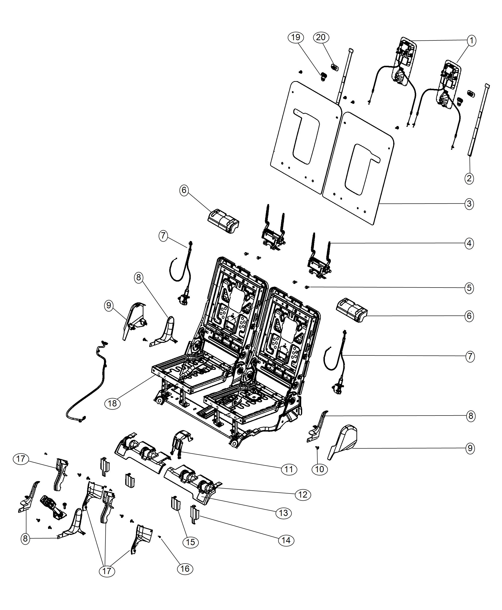 Diagram Third Row - Adjusters, Recliners and Shields - 50/50 Split Seat. for your Dodge