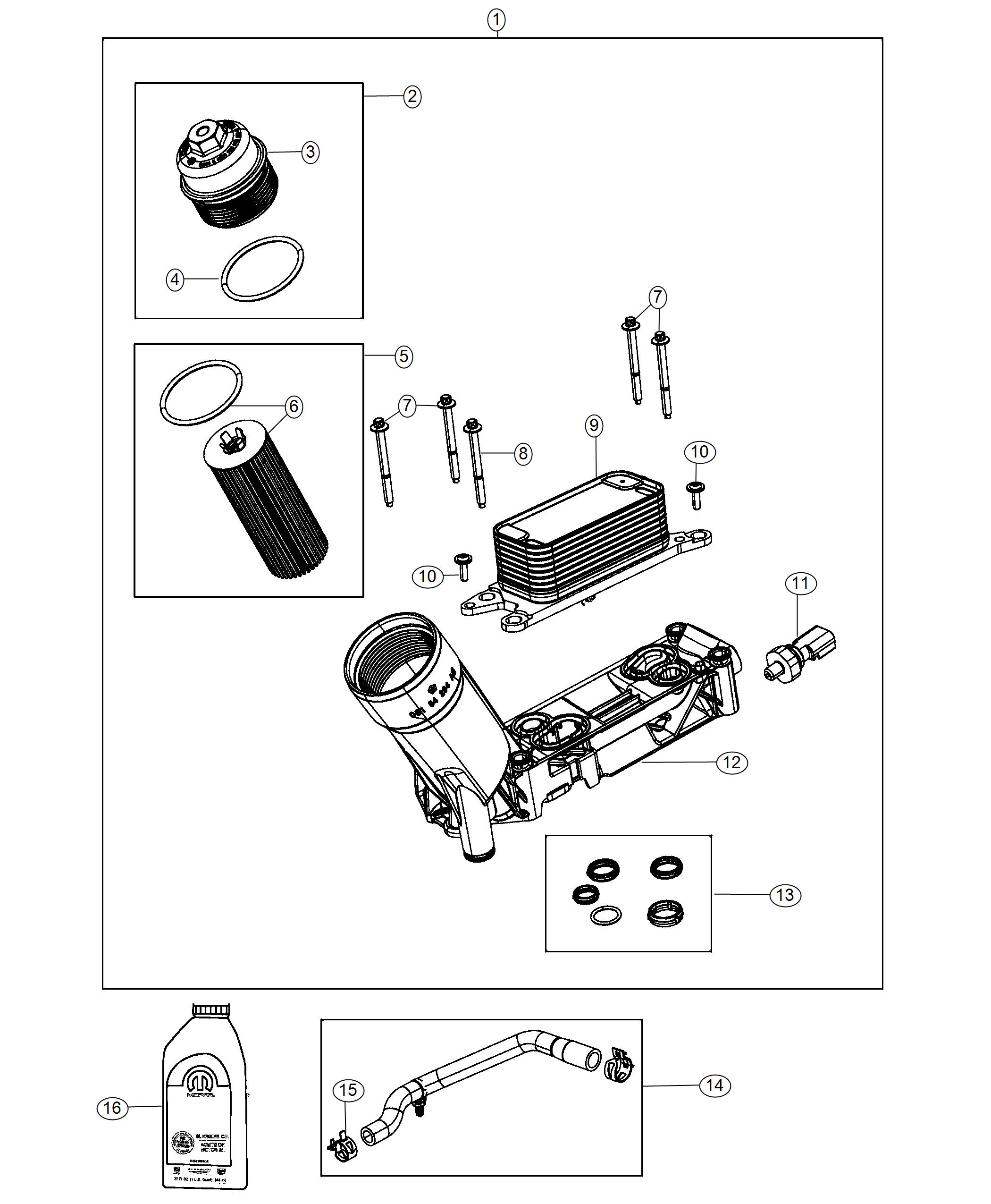 Diagram Engine Oil, Engine Oil Filter, Adapter/Cooler 3.6L. for your Chrysler