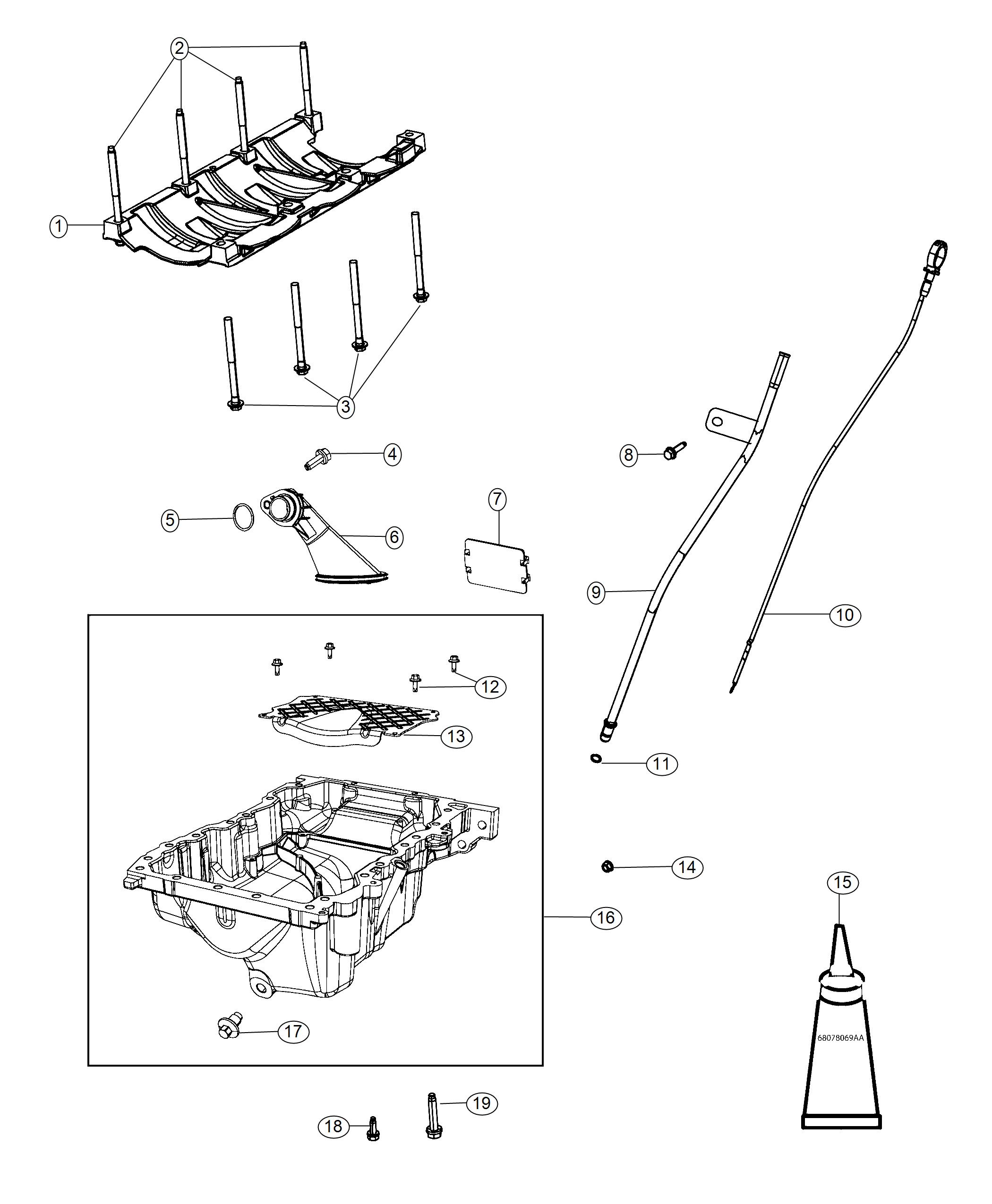 Diagram Engine Oil Pan, Engine Oil Level Indicator And Related Parts 3.6L. for your 2002 Chrysler 300 M  