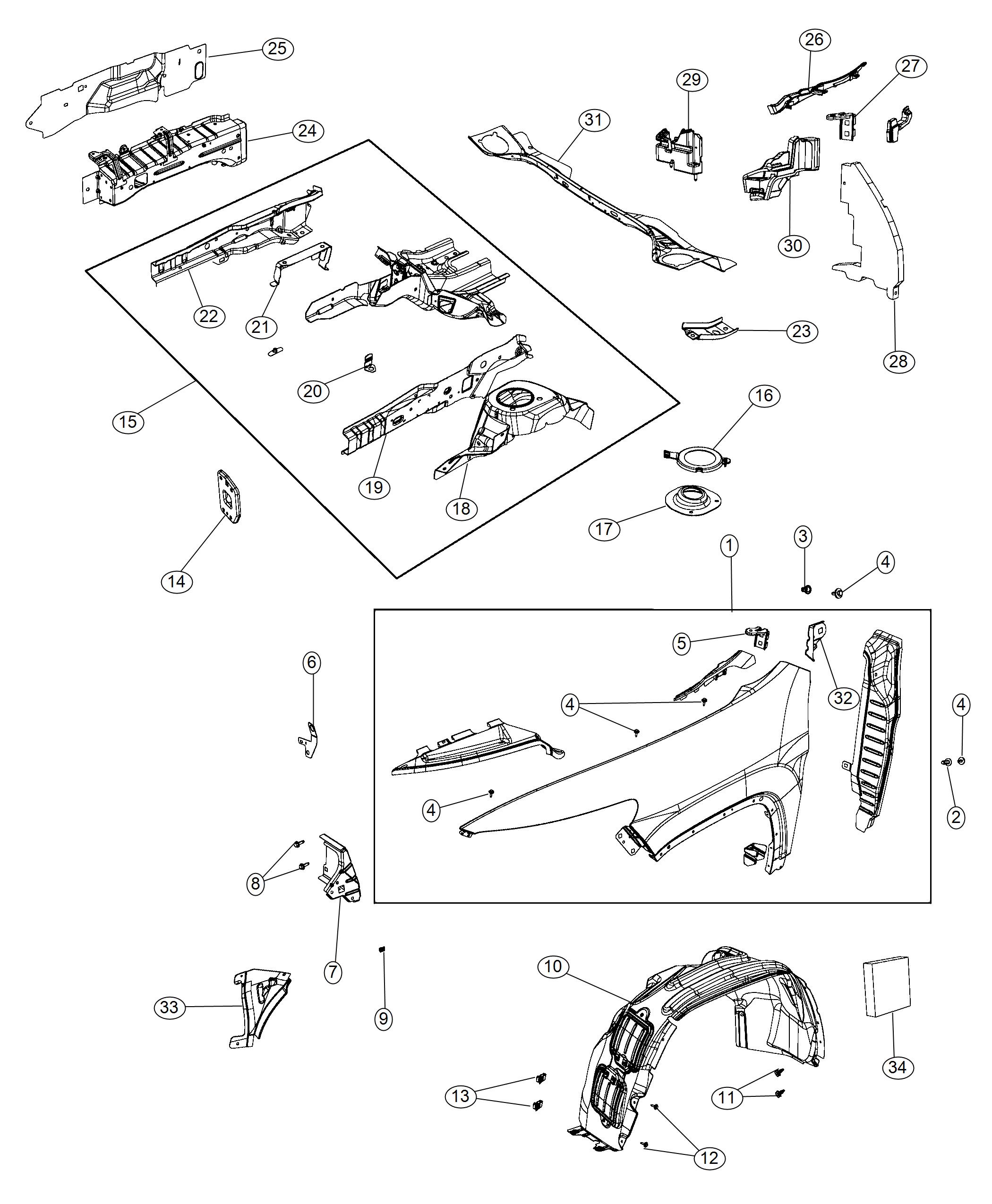 Diagram Front Fenders and Shields. for your 2013 Jeep