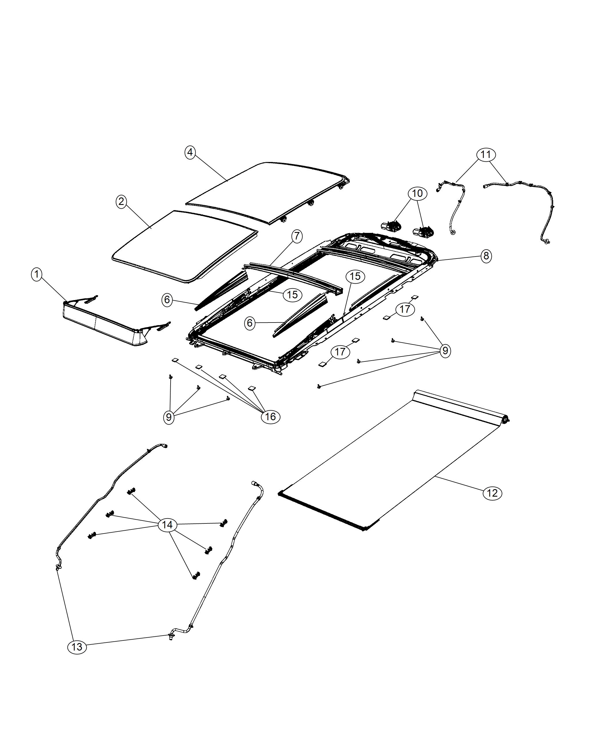 Diagram Sunroof and Componet Parts [Full Sunroof, Pwr Frt, Fixed Rear]. for your Jeep Cherokee  