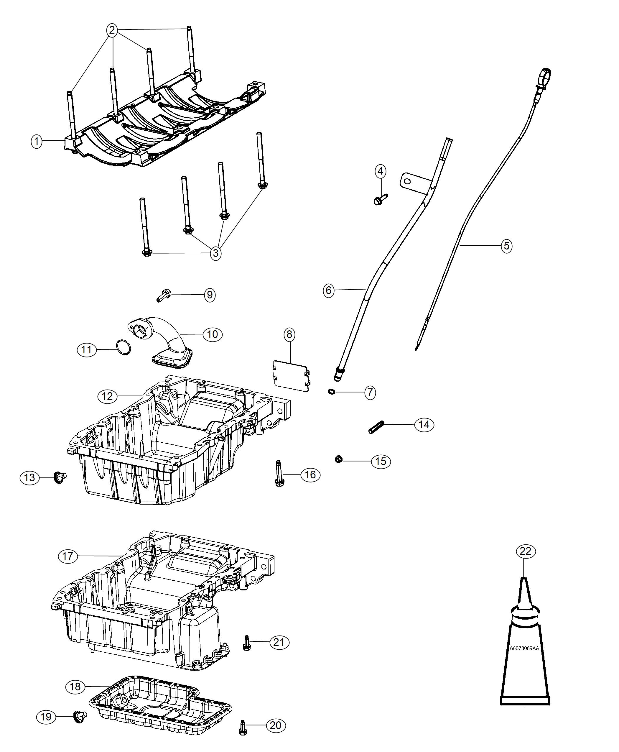 Diagram Engine Oil Pan, Engine Oil Level Indicator And Related Parts 3.2L. for your 1999 Chrysler 300  M 