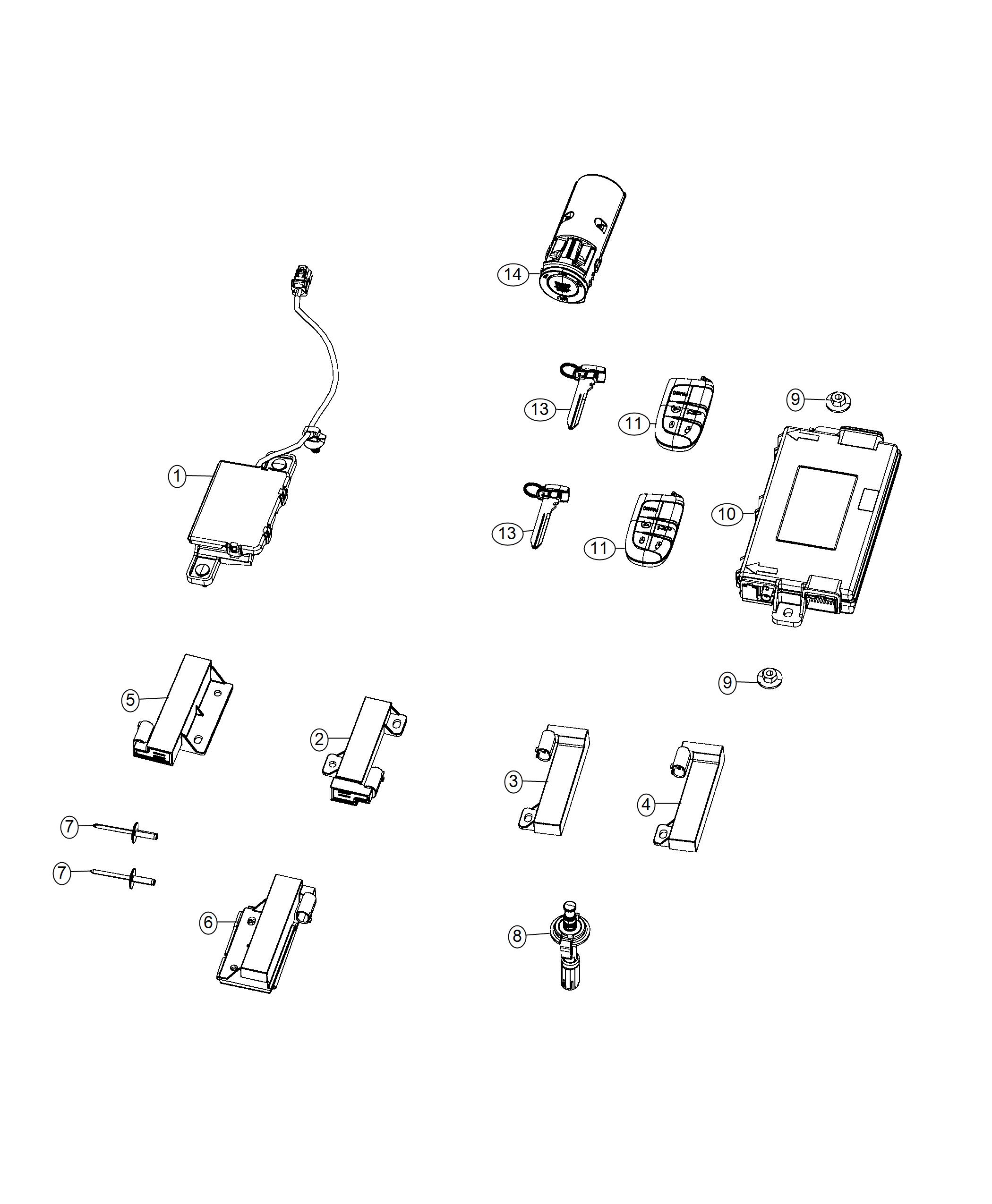 Modules, Ignition Node, Receivers, Keys and Key FOBs. Diagram