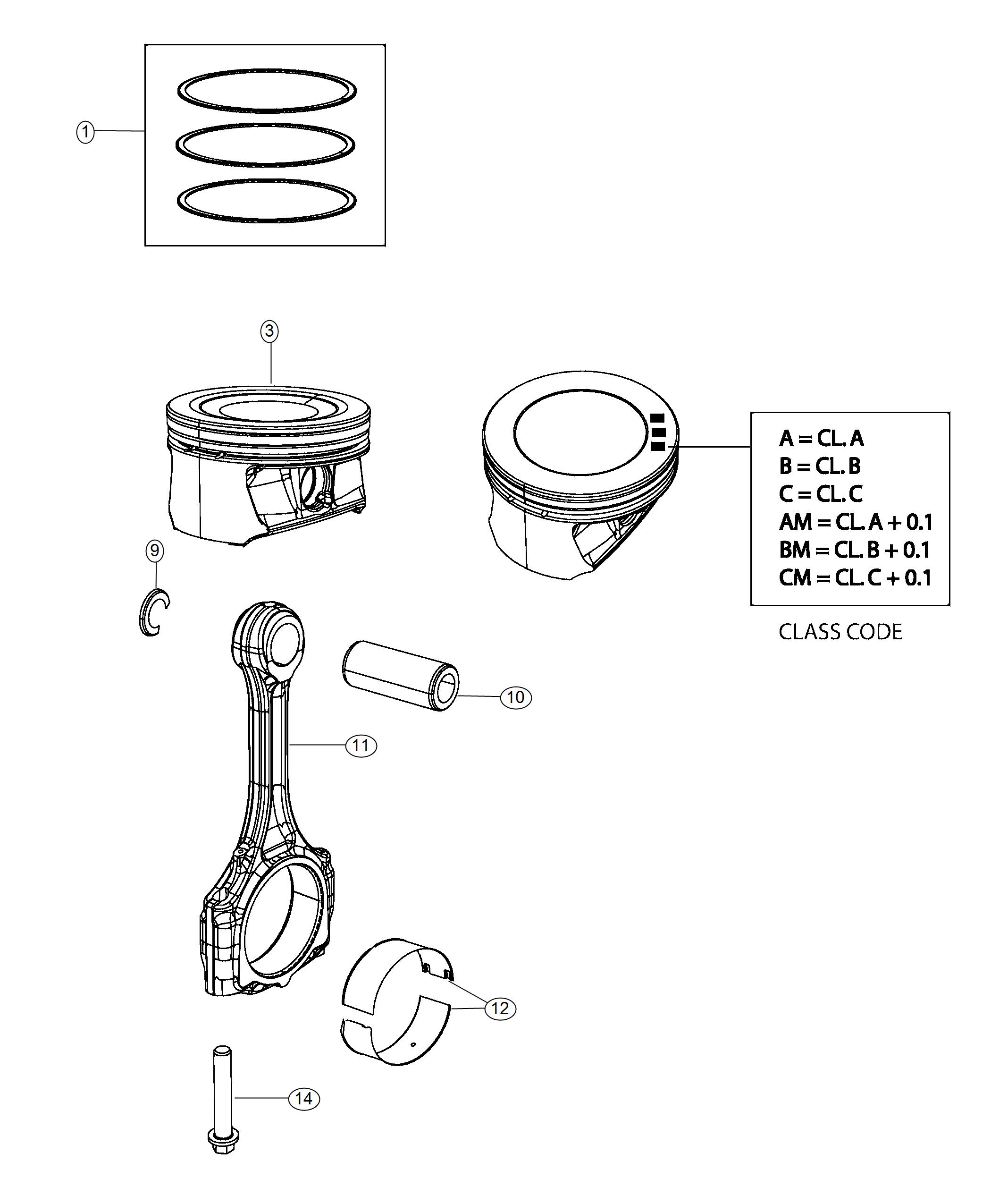 Diagram Pistons, Piston Rings, Connecting Rods And Connecting Rod Bearings 1.4L Turbocharged [1.4L I4 MultiAir Turbo Engine]. for your Fiat 500L  