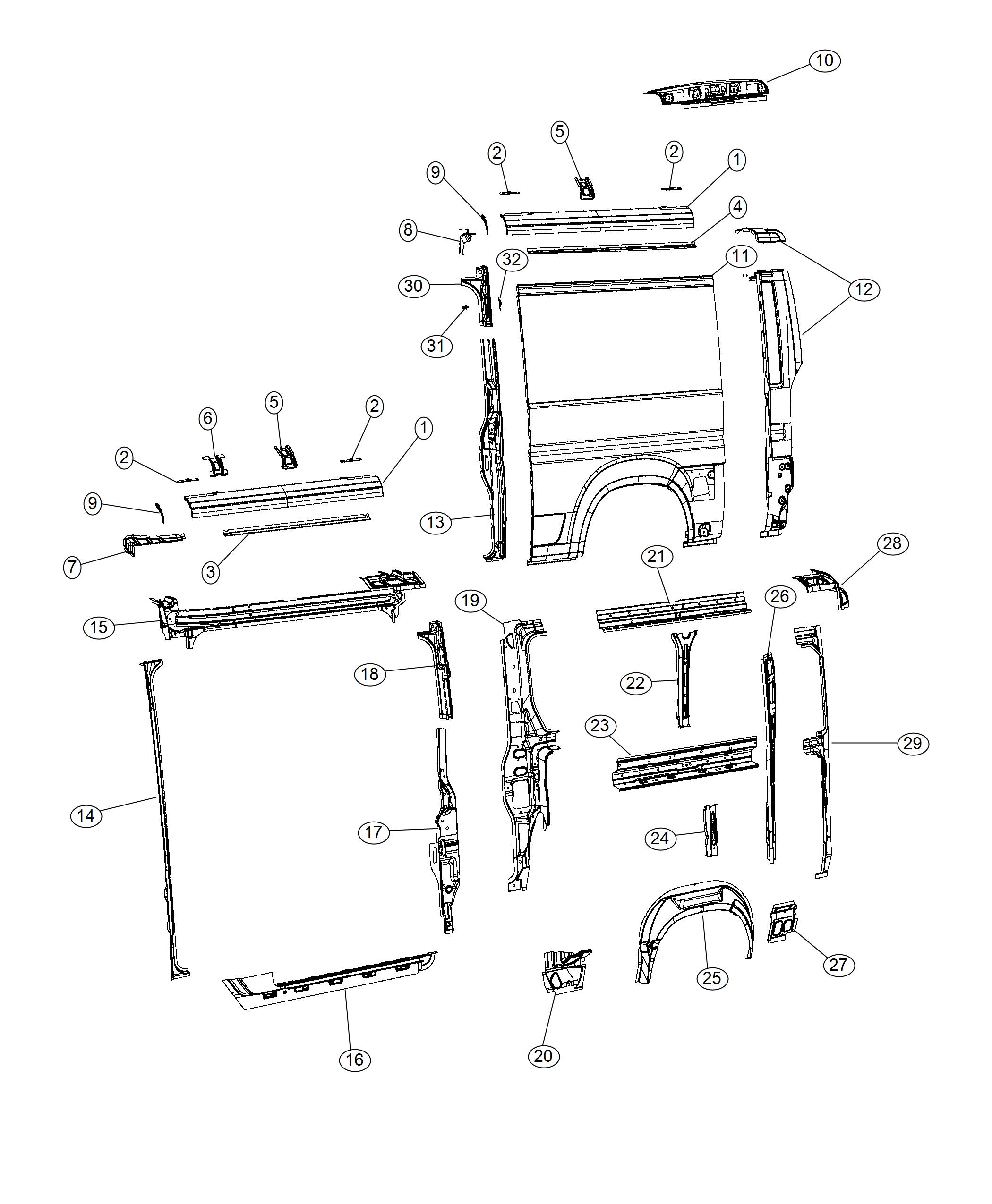 Panel Body Side 136 Wheel Base with Left Sliding Door. Diagram