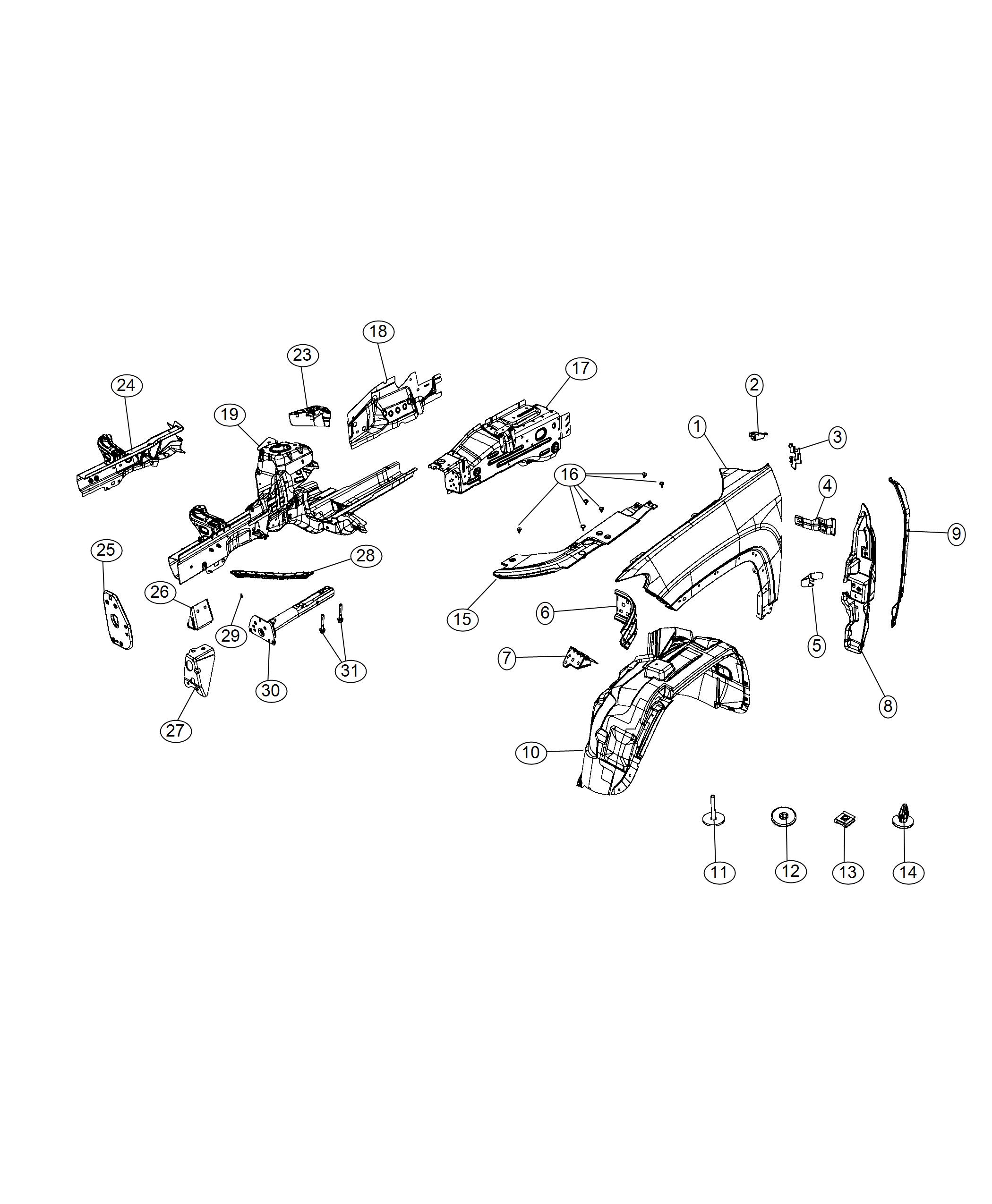 Diagram Front Fenders and Shields. for your Jeep