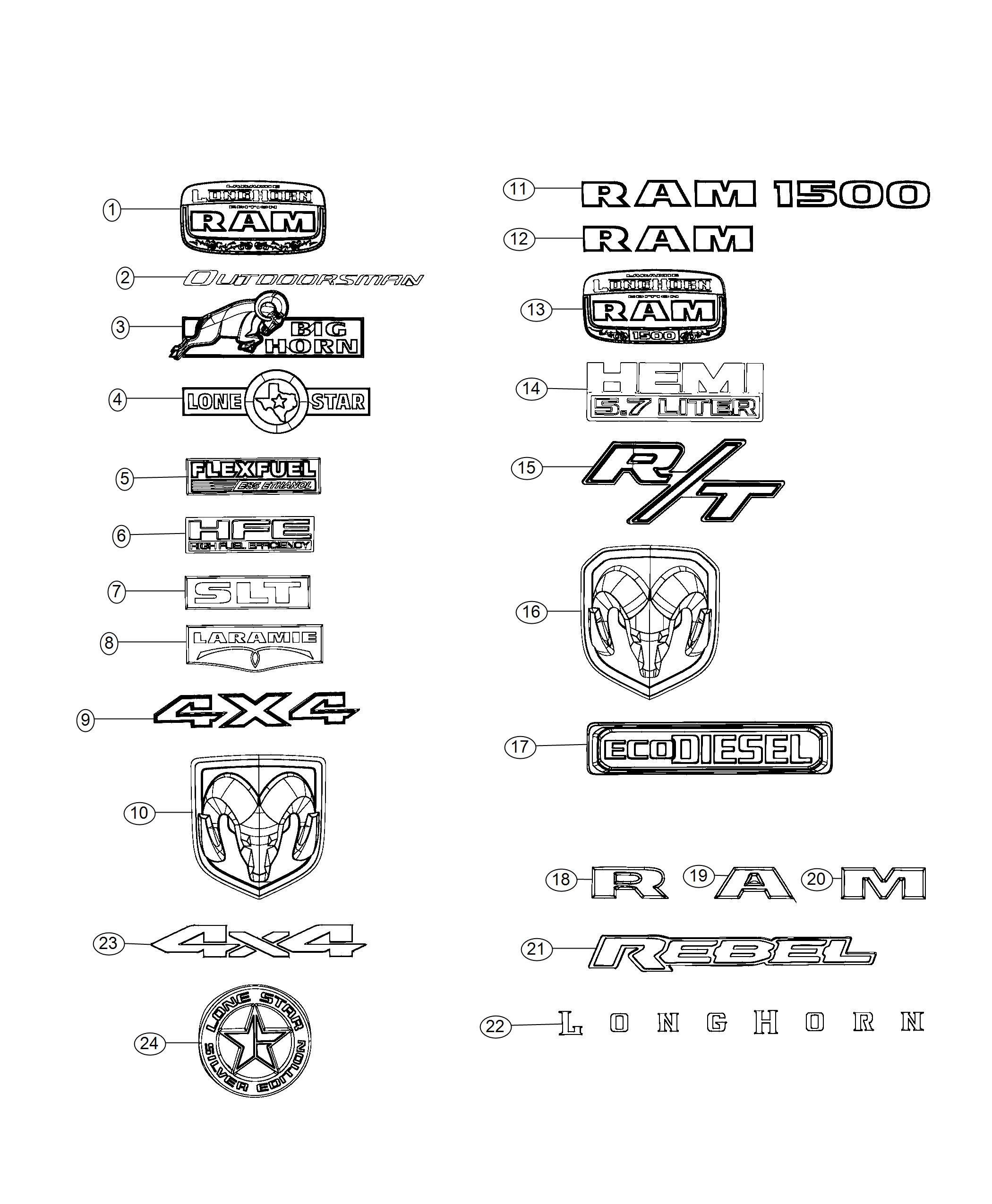 Diagram Nameplates, Emblems, Medallions and Decal. for your 2019 Ram 3500   