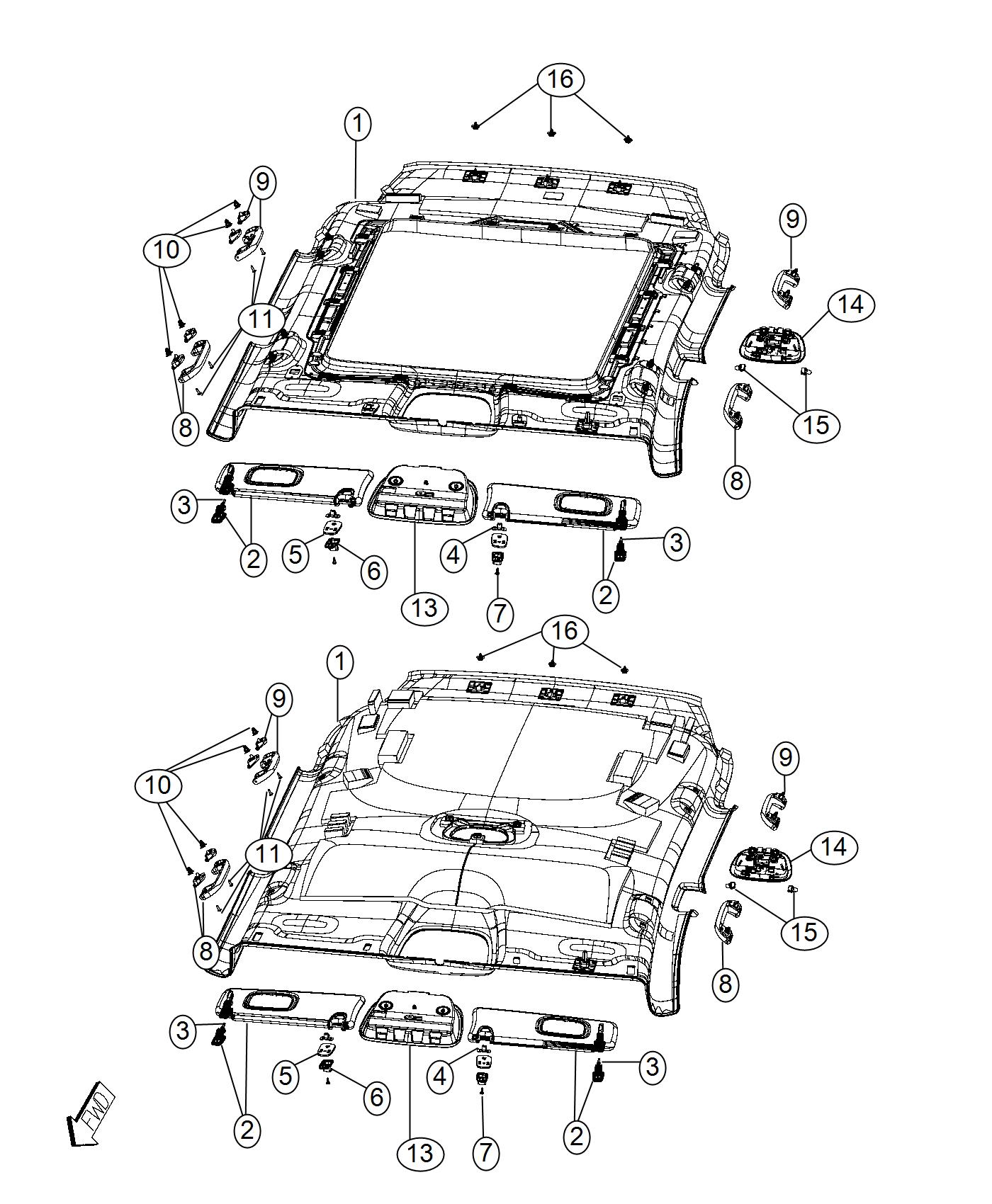 Headliner and Visors. Diagram