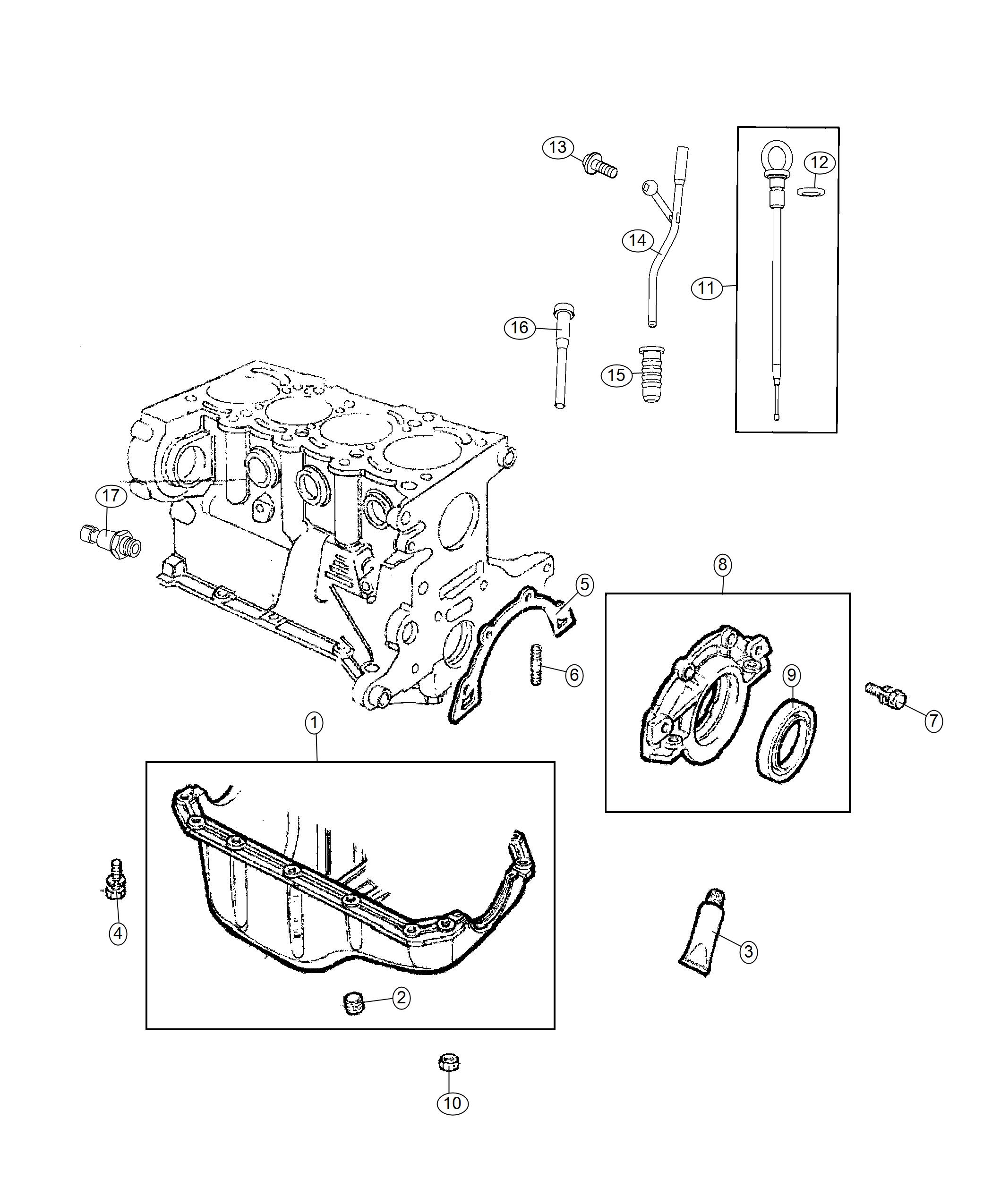 Diagram Engine Oil Pan, Oil Level Indicator And Related Parts. for your 2007 Dodge Caliber   