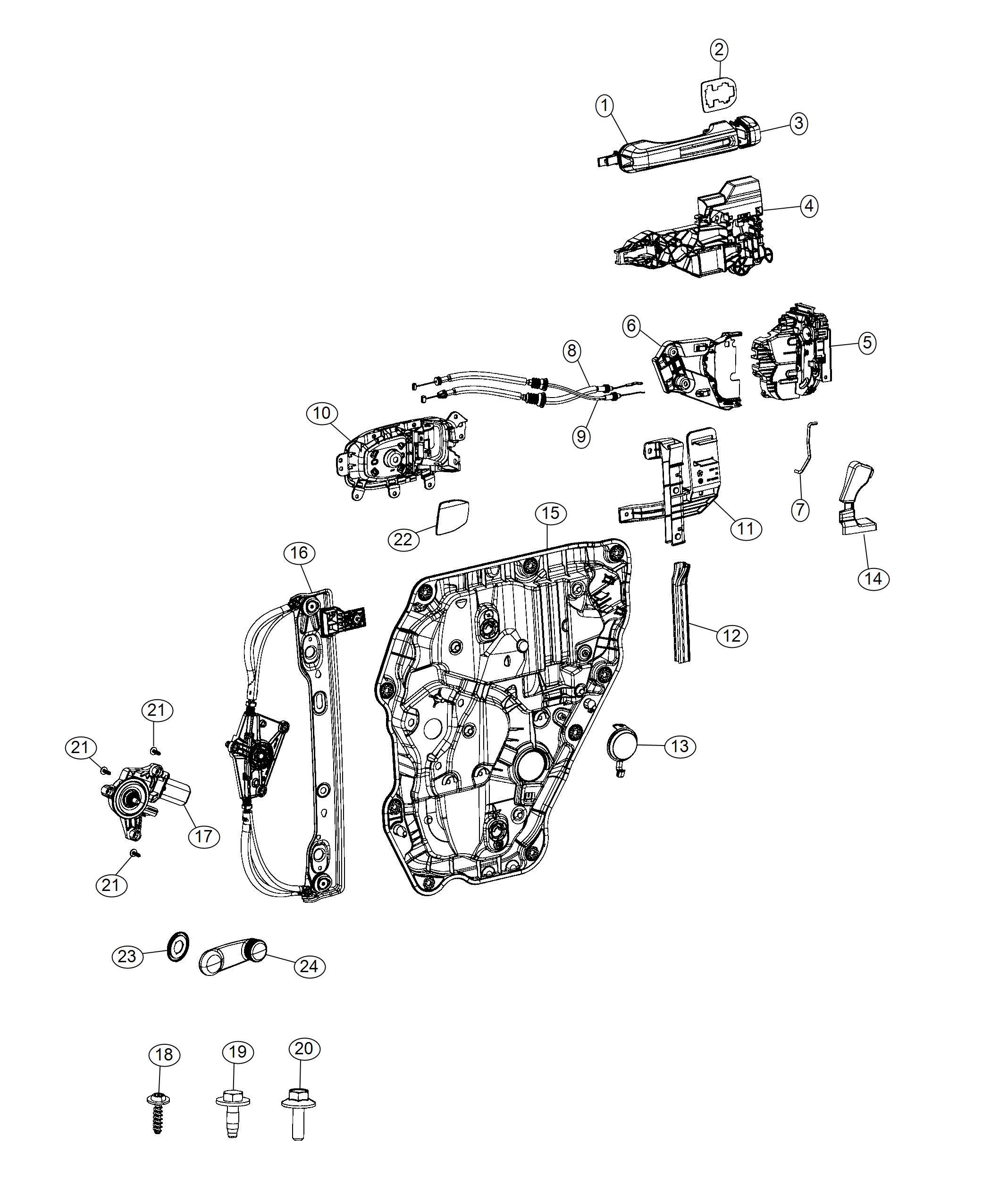 Diagram Rear Door, Hardware Components, Full Door. for your 2017 Jeep Wrangler   