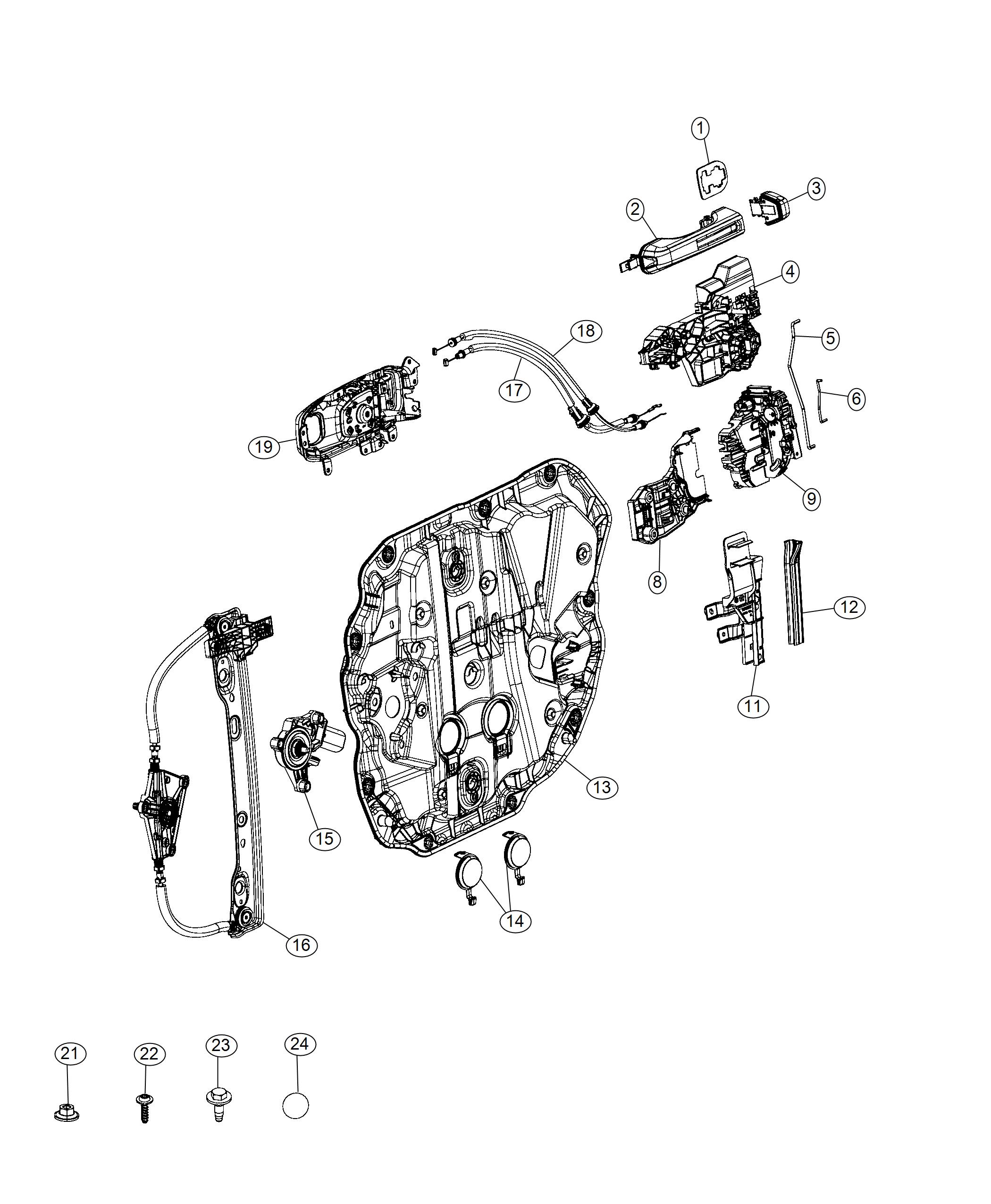 Diagram Front Door, Hardware Components, Full Door. for your 2004 Jeep Wrangler   