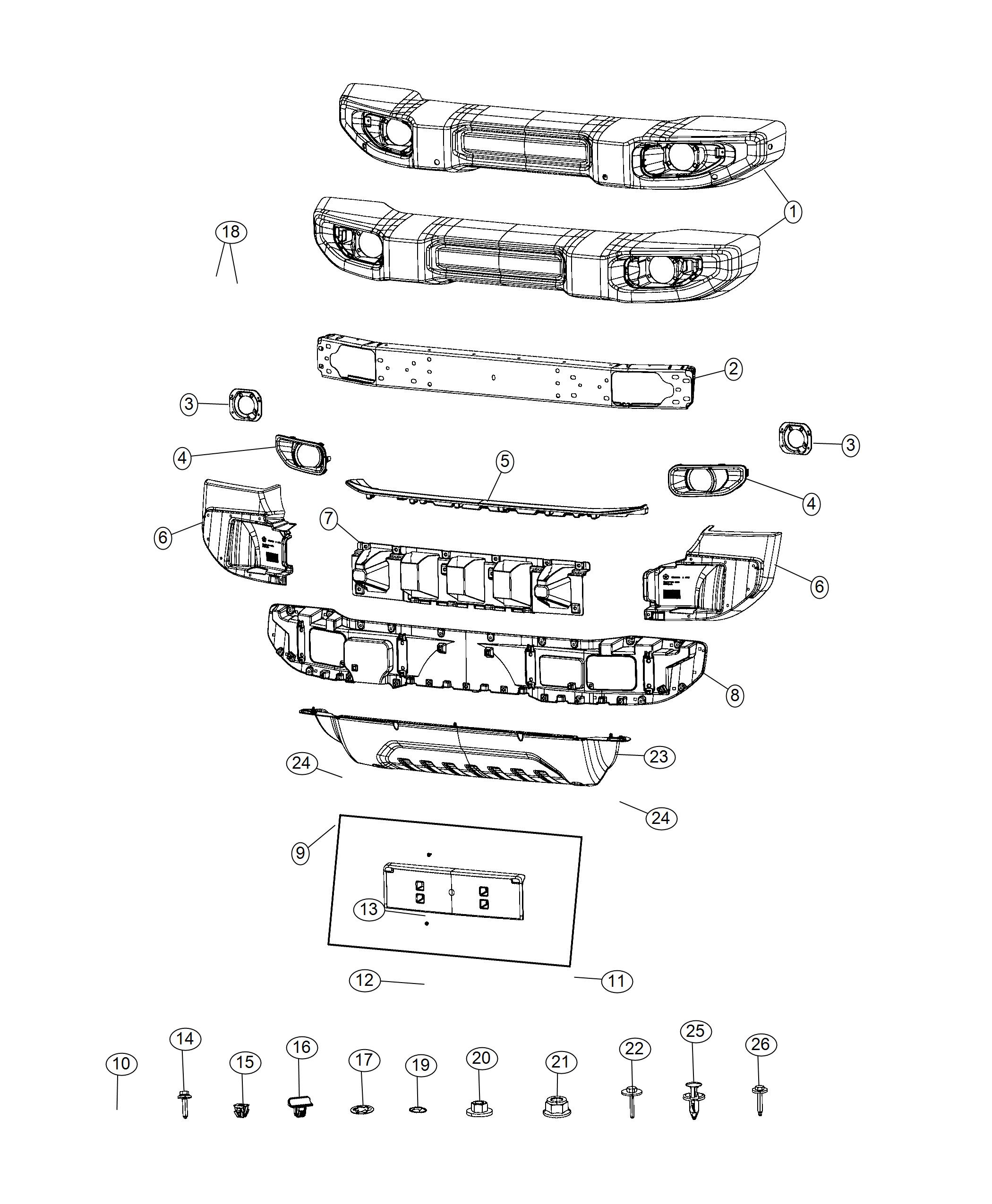 Diagram Bumper, [MOLD IN COLOR BUMPER W/ACCENT COLOR], [PASSIVE PEDESTRIAN PROTECTION]. for your Jeep Wrangler  