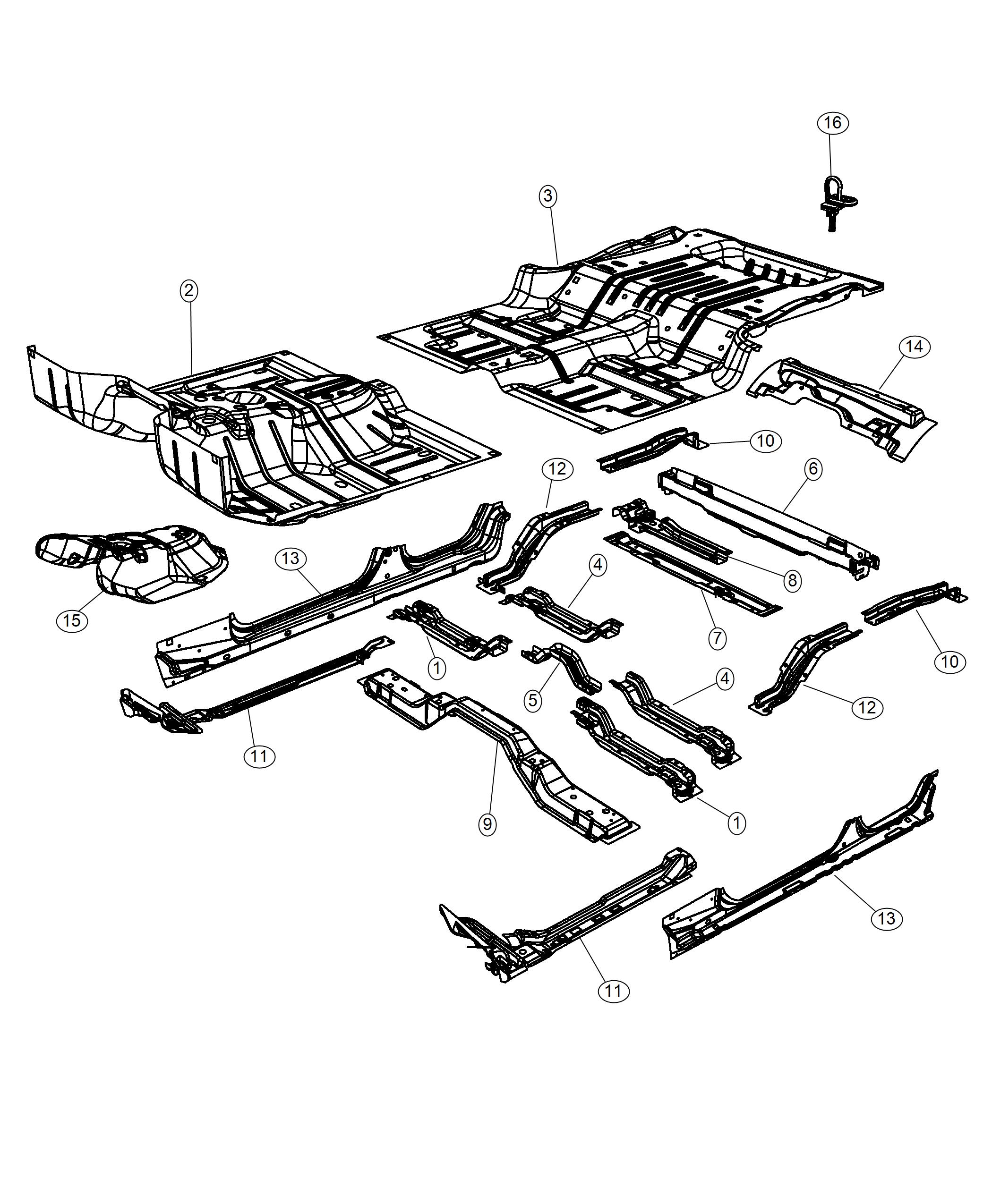 Diagram Front ,Center and Rear Floor Pan Body-74. for your 2018 Jeep Wrangler   