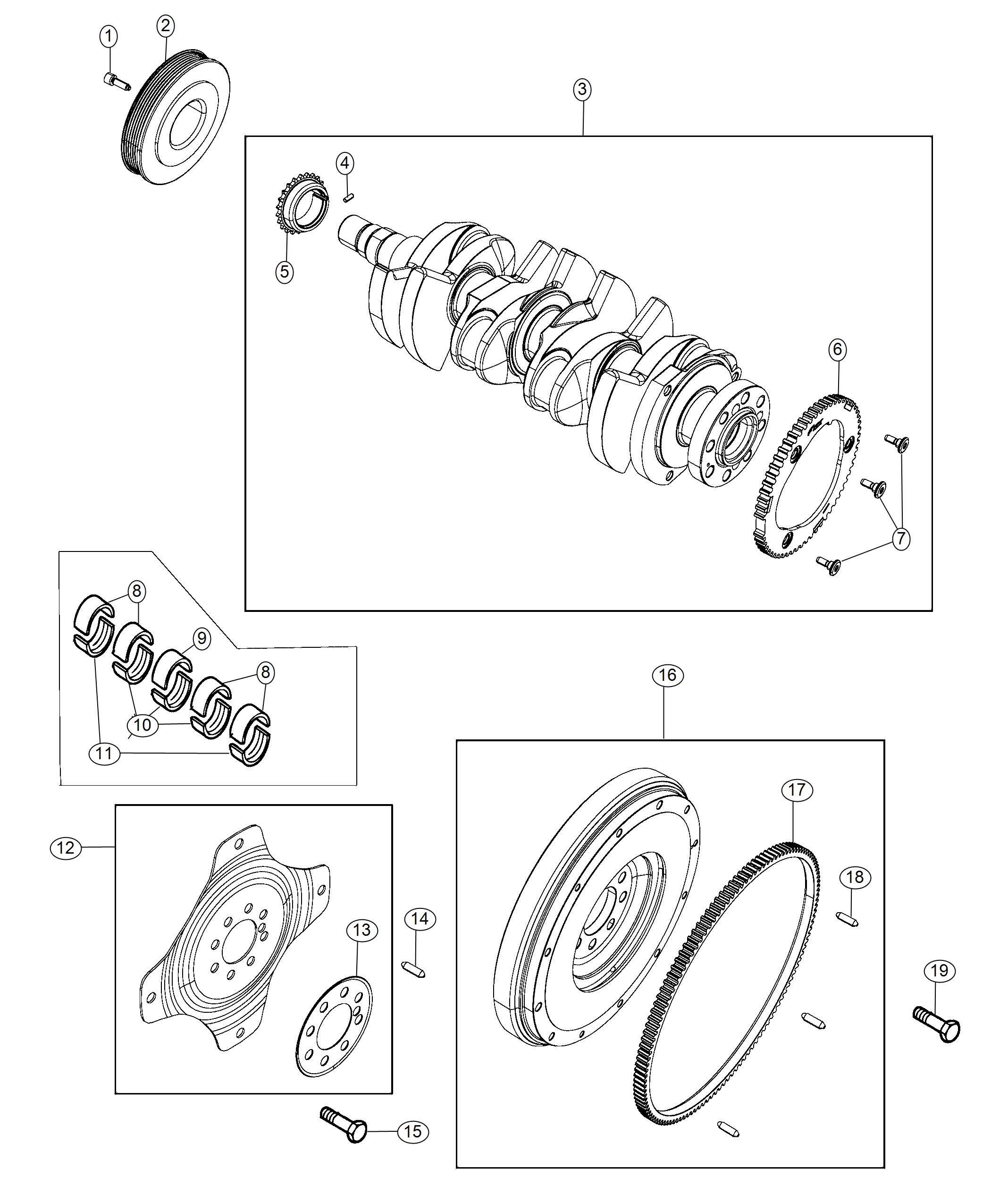 Diagram Crankshaft, Crankshaft Bearings And Flywheel 1.8L [1.8L I4 E-Torque Engine]. for your 1998 Jeep Wrangler   