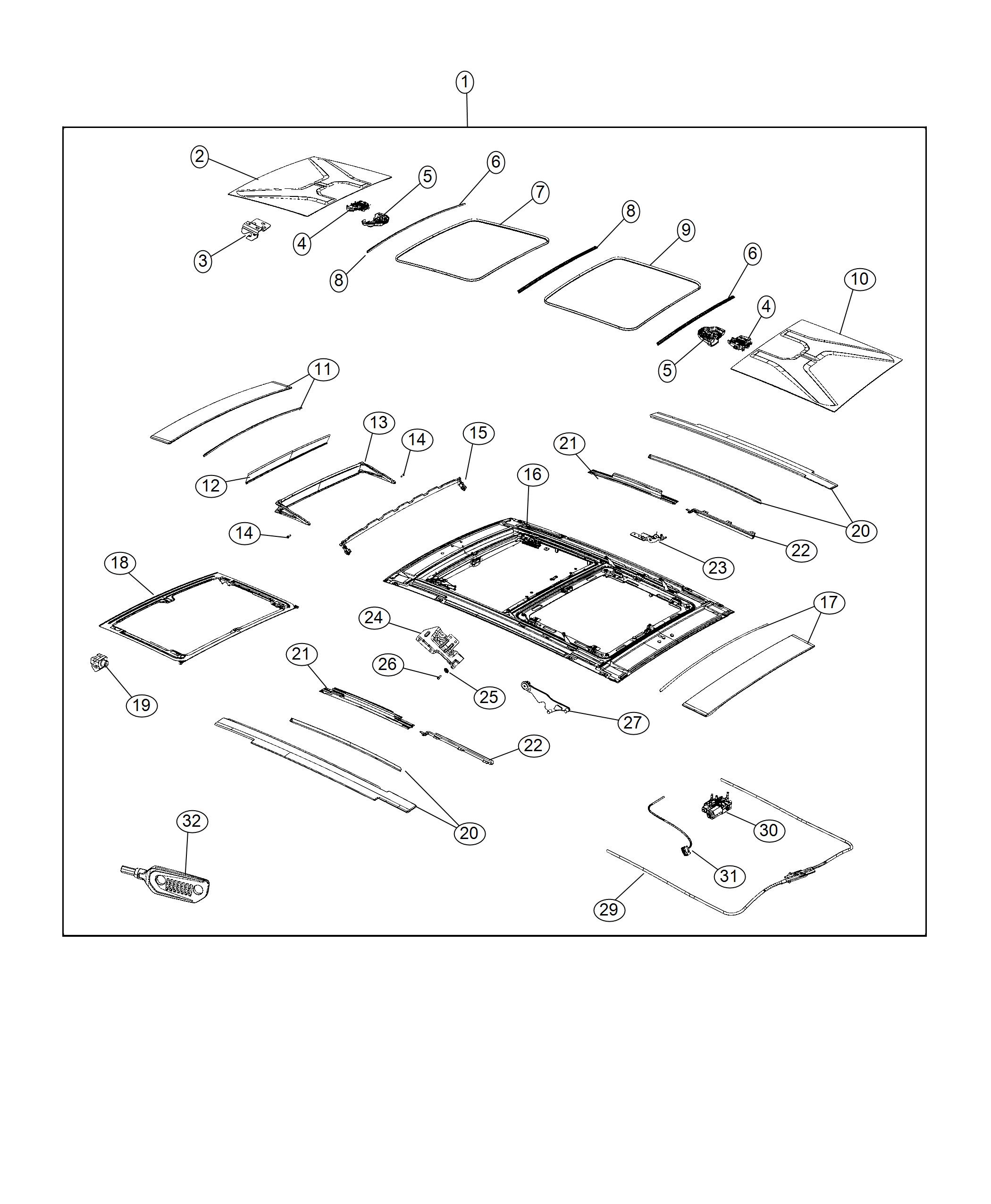 Diagram Sunroof and Related Parts,[Open Air Roof]. for your 1998 Dodge Ram 1500   