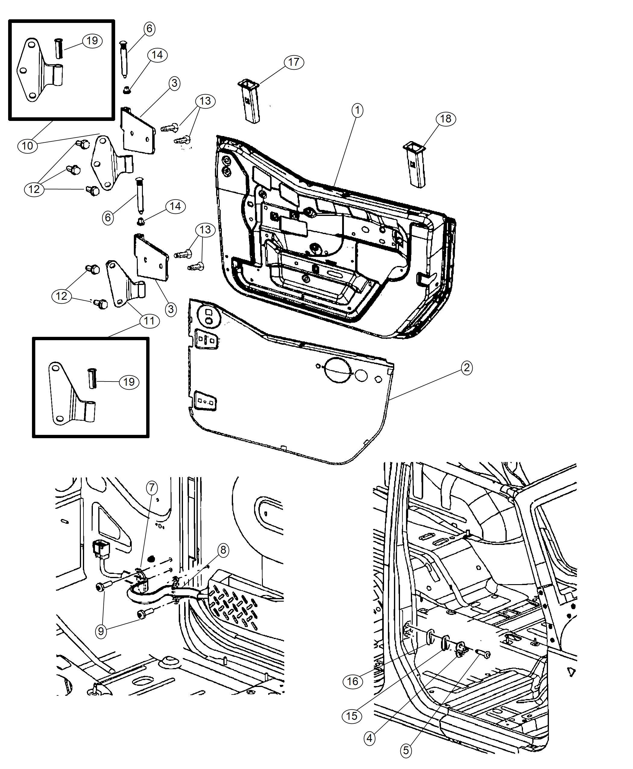 Diagram Front Door, Shell and Hinges, Half Door. for your 2018 Jeep Wrangler Unlimited Sport  