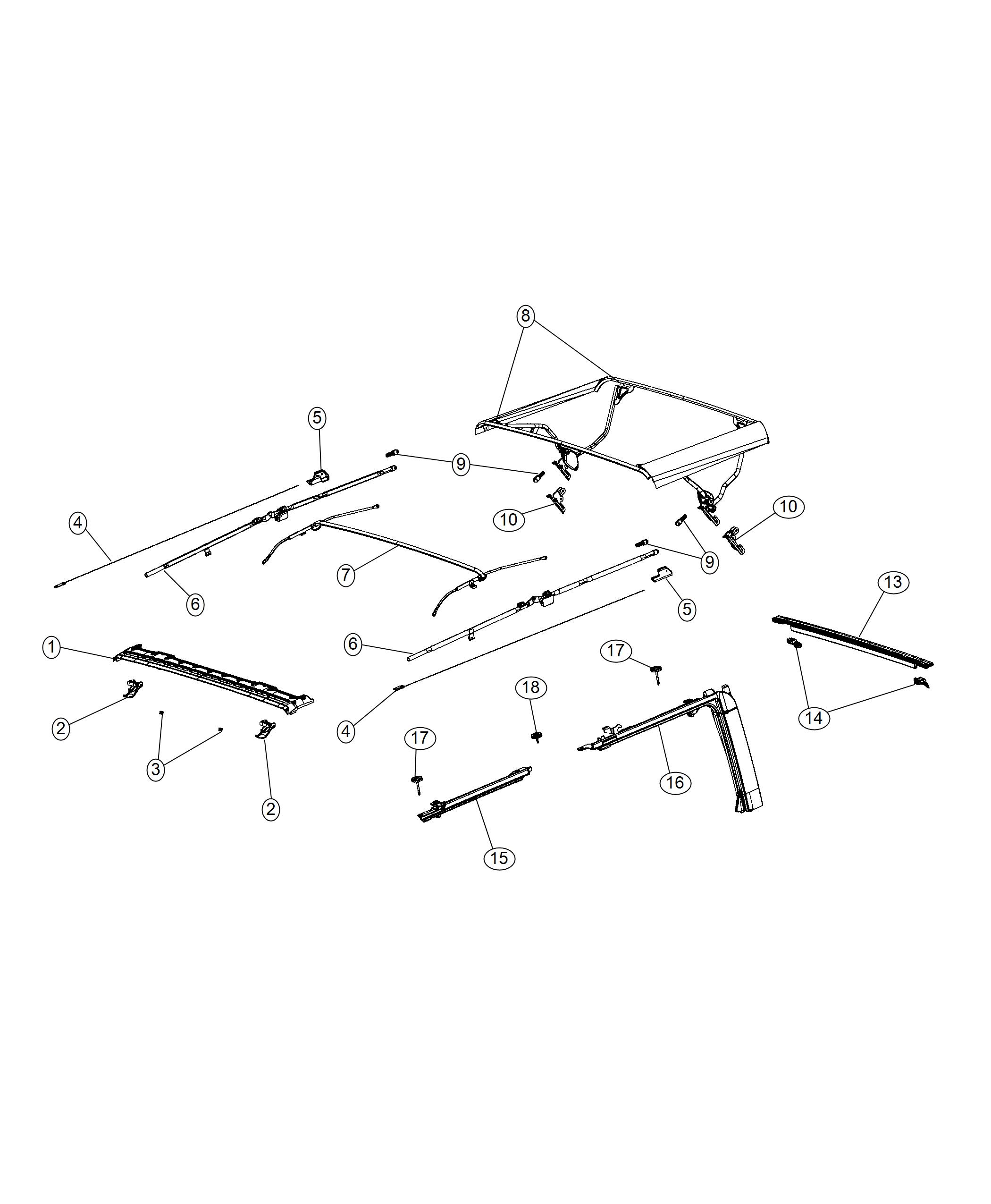 Diagram Soft Top Attaching Parts 4 Door. for your 2018 Jeep Wrangler   