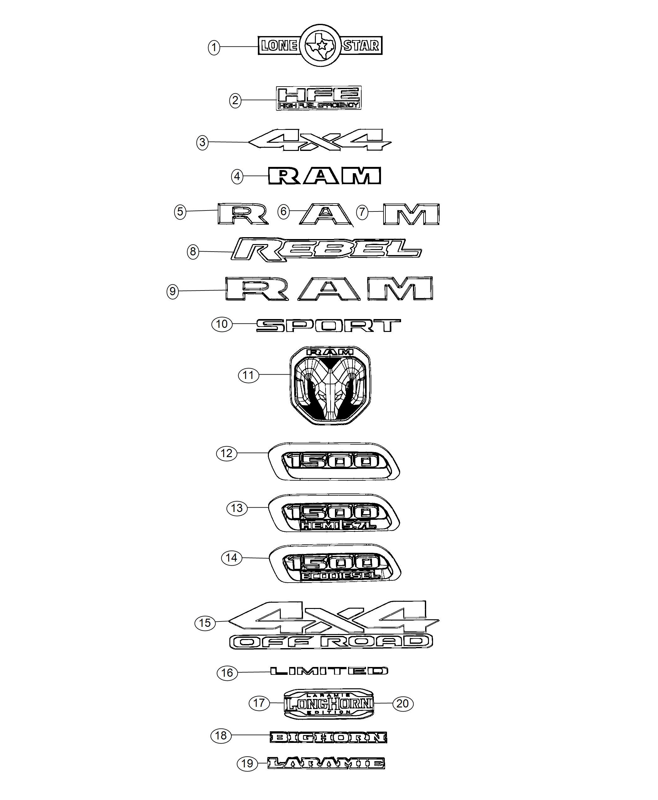 Diagram Nameplates, Emblems and Medallions. for your 2020 Ram 1500  Classic Tradesman Std Cab 