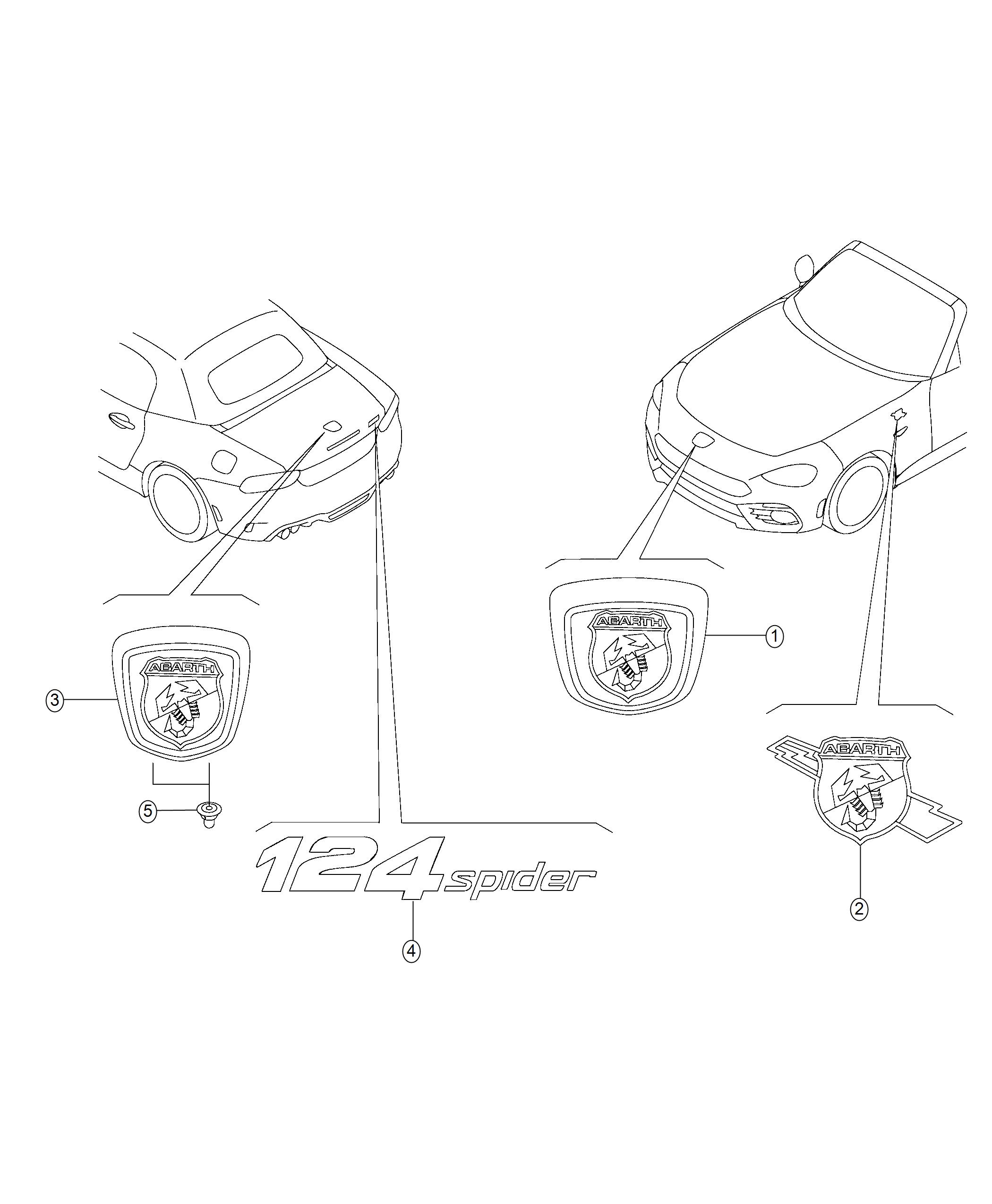 Diagram Nameplates, Emblems, and Decals. for your Fiat 124 Spider  