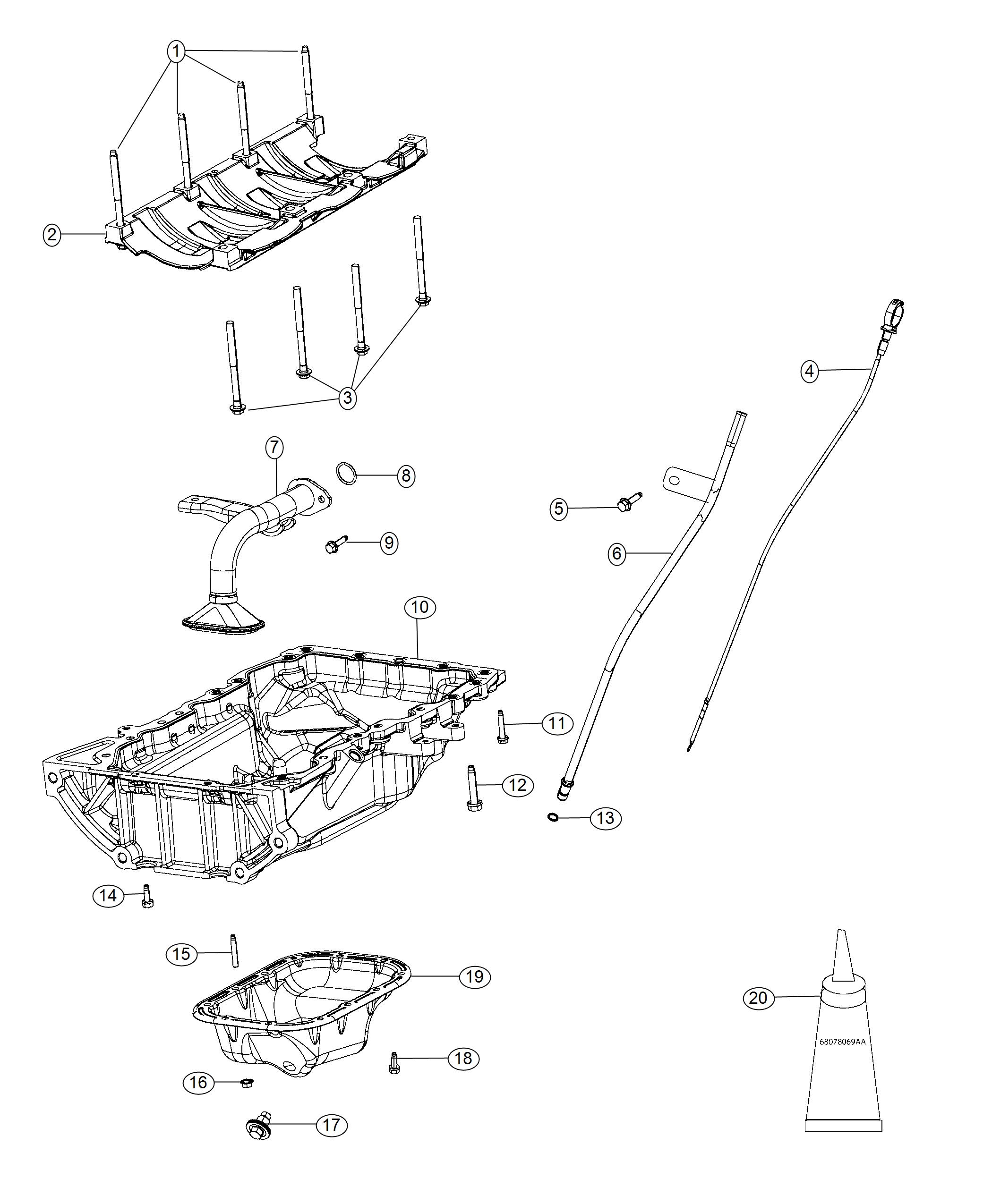 Diagram Engine Oil Pan, Engine Oil Level Indicator And Related Parts 3.6L. for your 2001 Chrysler 300  M 