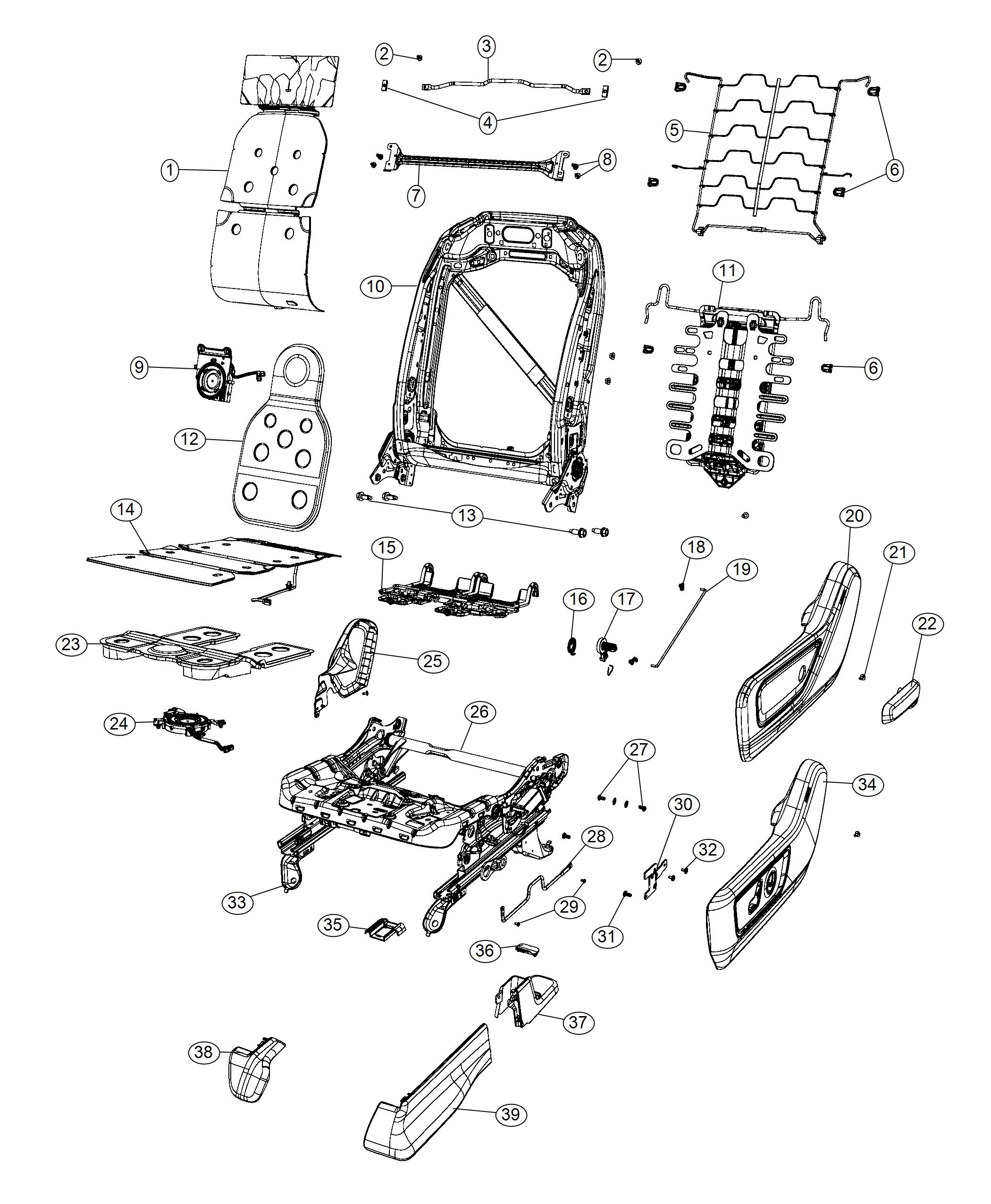 Diagram Adjusters, Recliners and Shields - Driver Seat. for your 2019 Ram 1500 5.7L HEMI V8 4WD REBEL Crew Cab 