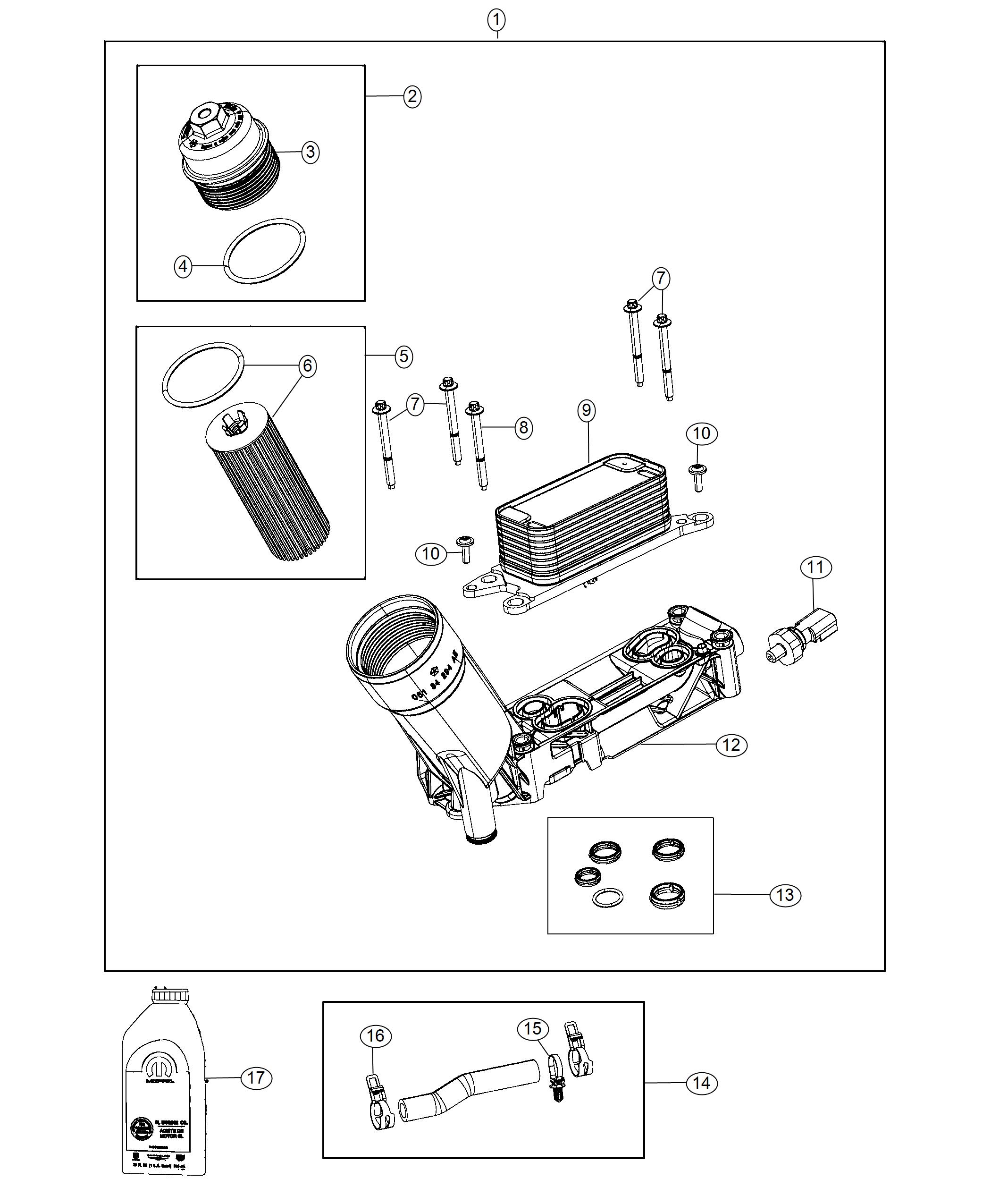 Diagram Engine Oil, Engine Oil Filter, Adapter/Cooler 3.6L. for your Jeep Wrangler  