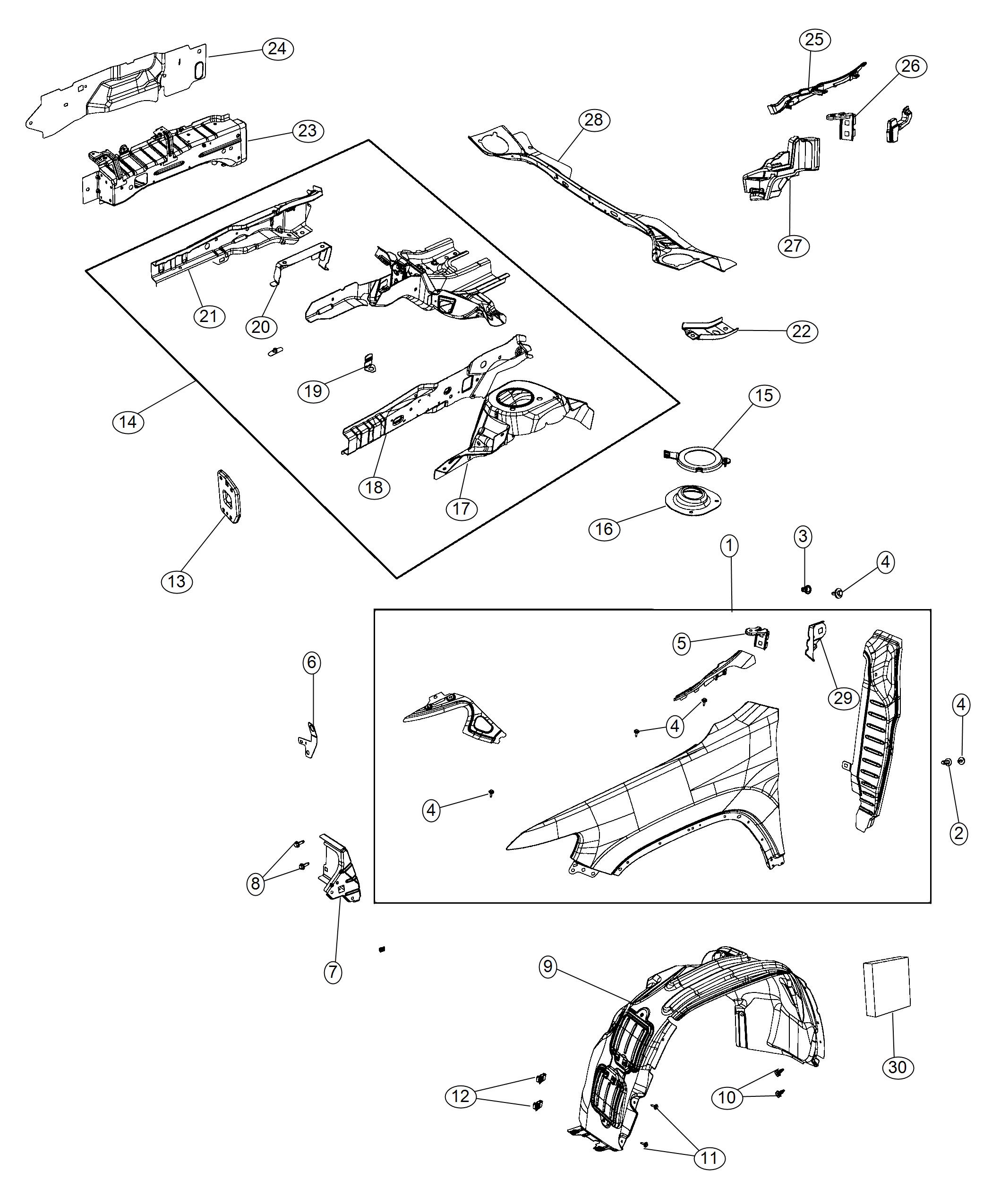 Diagram Front Fenders and Shields. for your 2013 Jeep