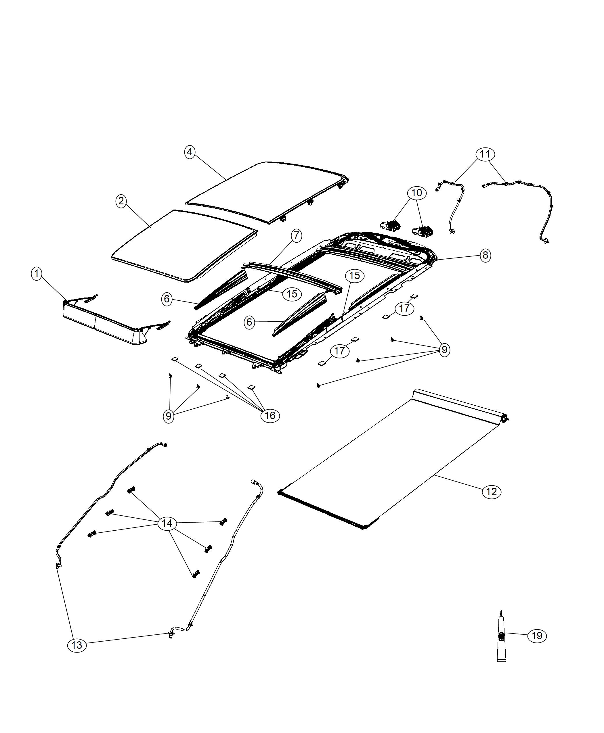 Diagram Sunroof and Componet Parts [Full Sunroof, Pwr Frt, Fixed Rear]. for your Jeep Cherokee  