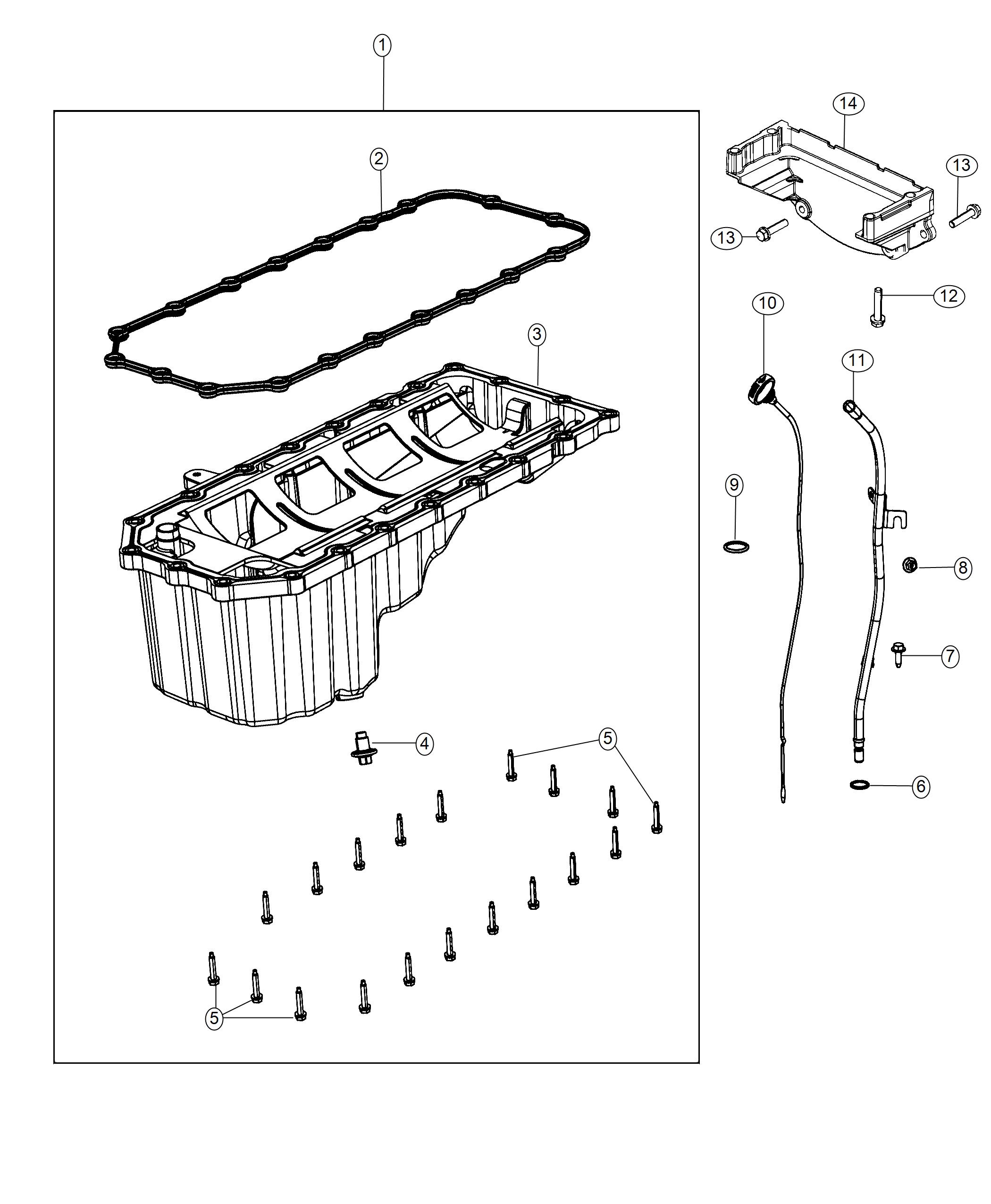 Diagram Engine Oil Pan, Engine Oil Level Indicator And Related Parts 5.7L. for your 2000 Chrysler 300  M 