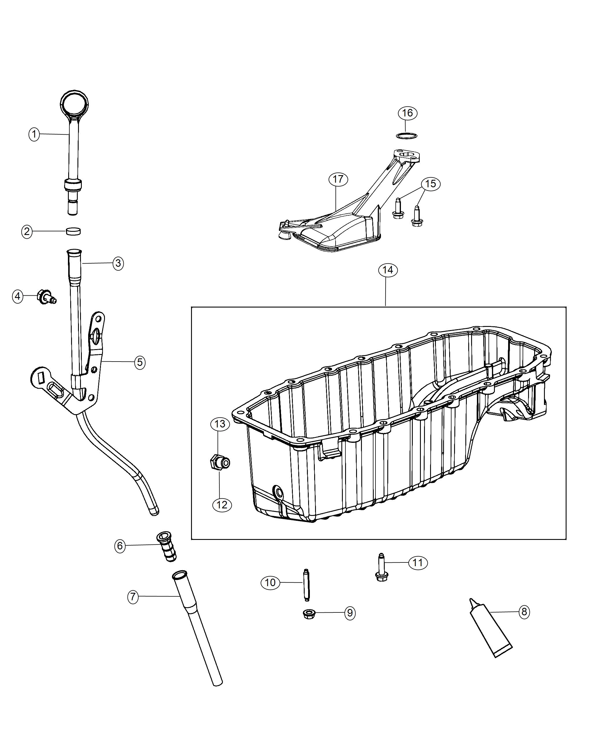 Engine Oil Pan, Engine Oil Level Indicator And Related Parts 1.4L Turbocharged [1.4L I4 MULTIAIR TURBO ENGINE]. Diagram