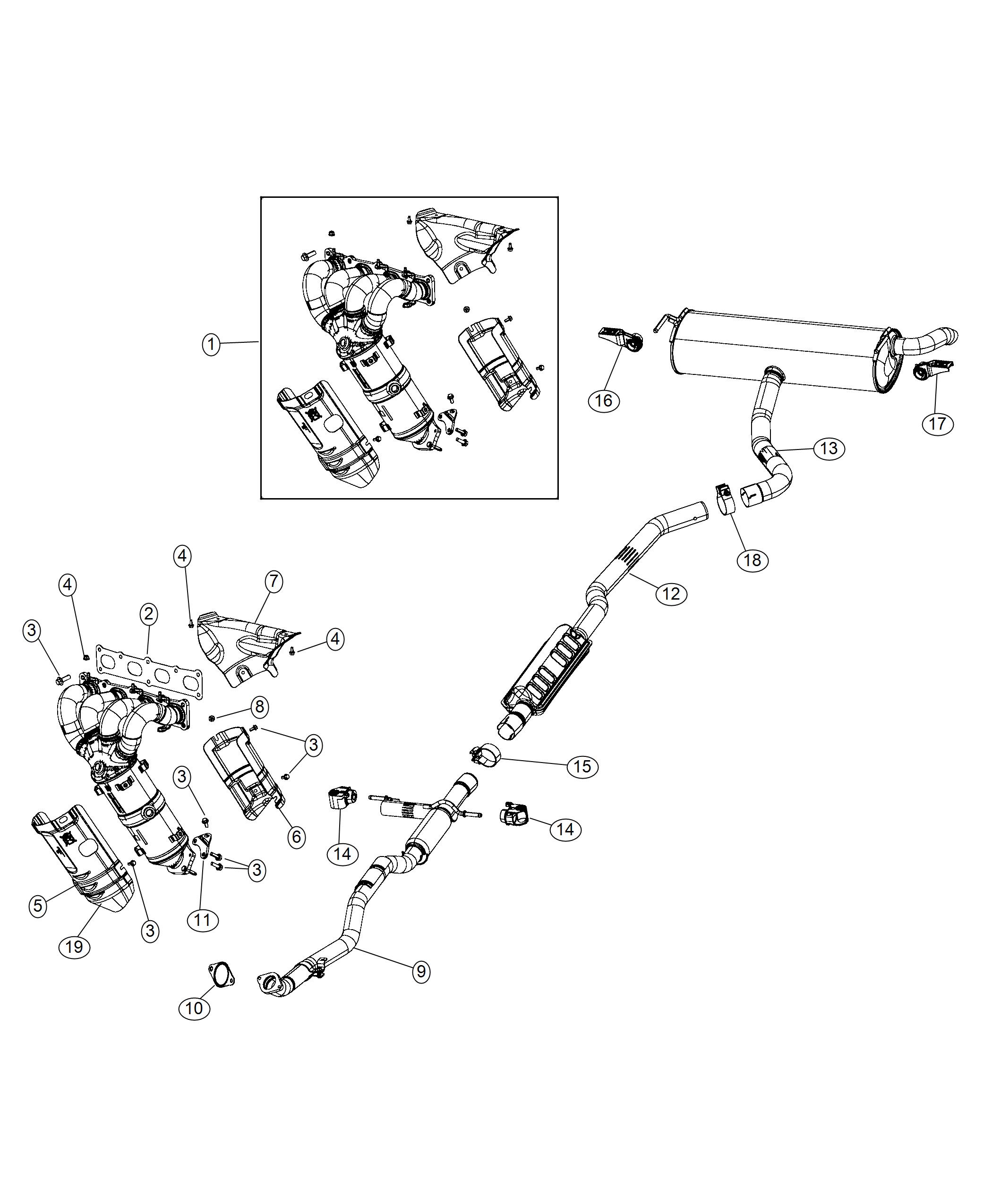 Diagram Exhaust System AWD [2.4L I4 MULTIAIR ENGINE W/ ESS],[2.4L I4 ZERO EVAP M-AIR ENGINE W/ESS]. for your Jeep