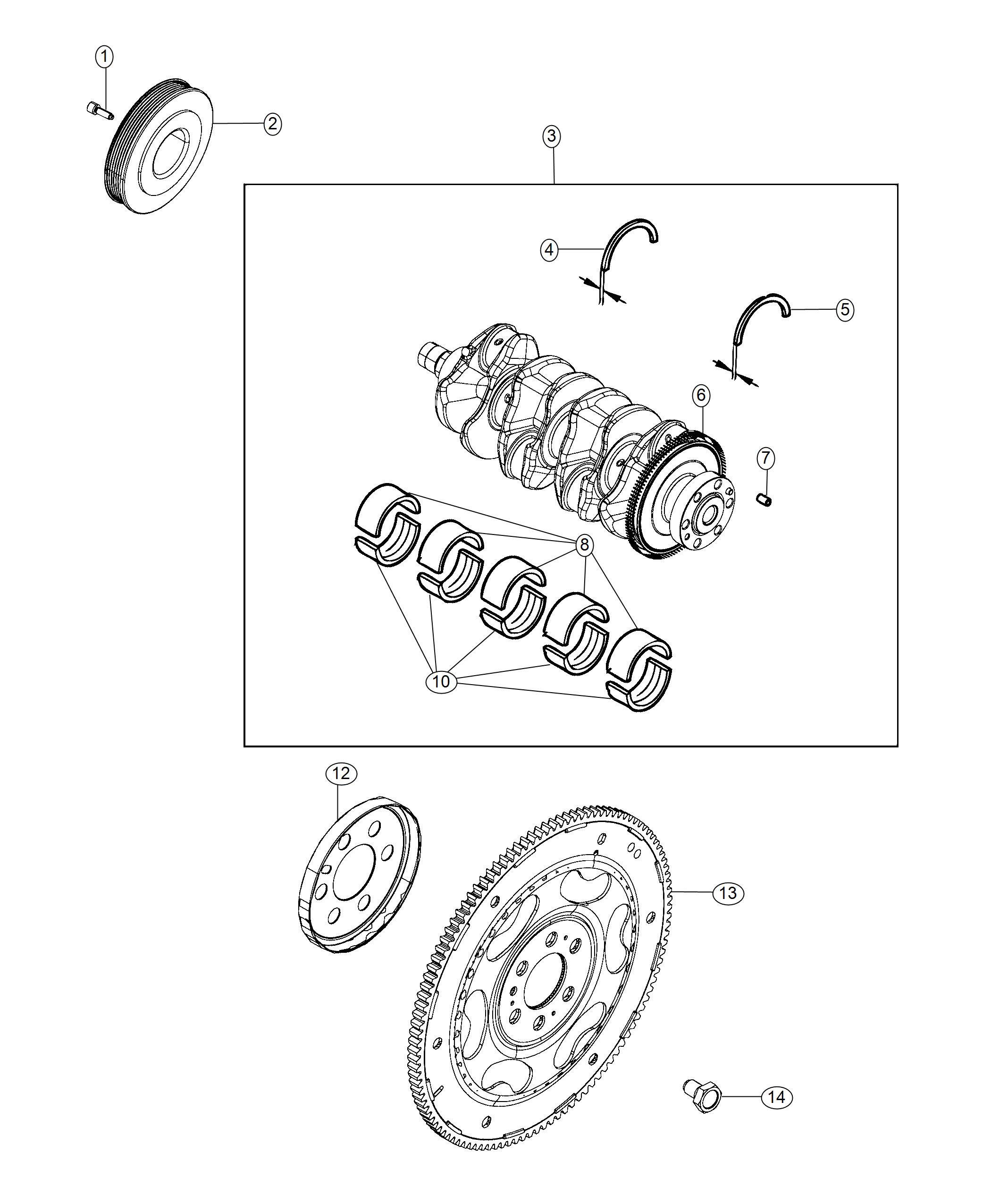 Diagram Crankshaft, Crankshaft Bearings, Damper And Flywheel 2.2L Diesel. for your 2003 Jeep Wrangler   